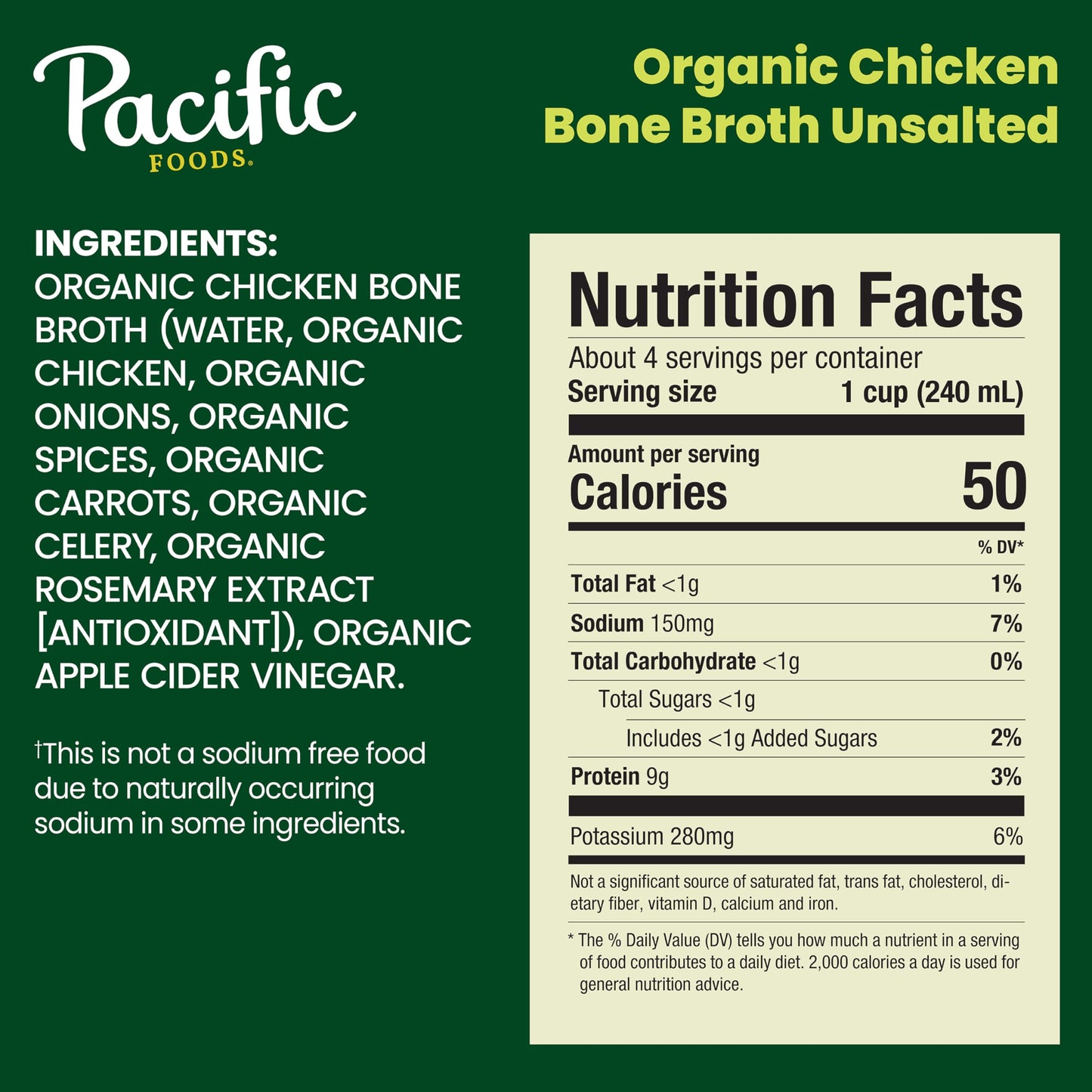 Pacific Foods Organic Chicken Bone Broth, Unsalted, 32 oz Carton, Pack of 12
