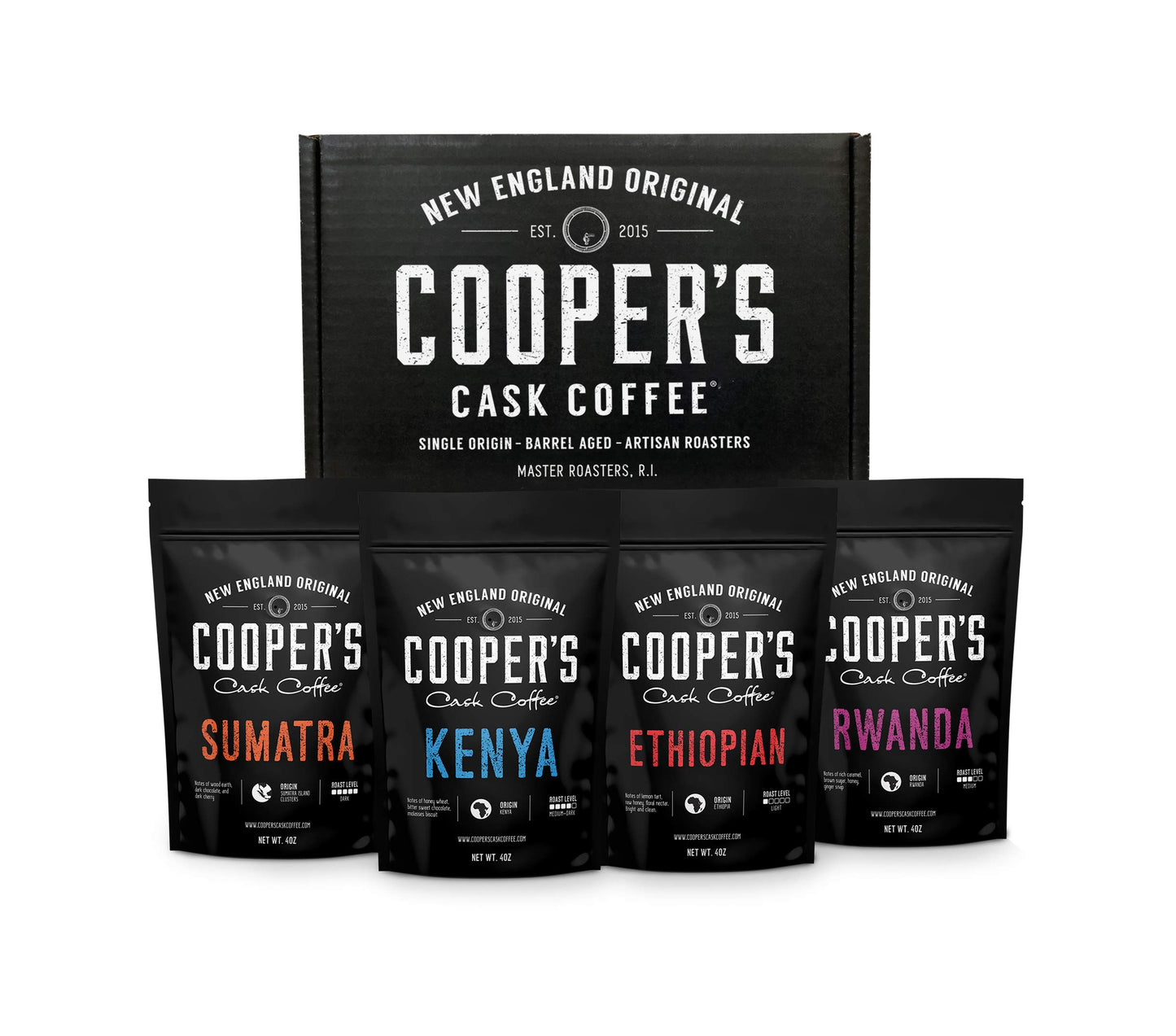 Coopers Cask Coffee Gourmet Coffee Sampler Gift Box Set, Whole Bean, 4 Bags, 16 oz Total