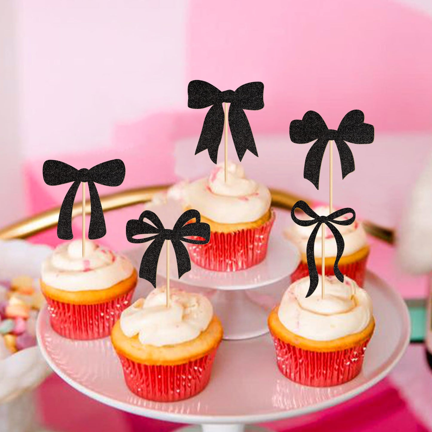 Cyodoos 24Pcs Black Bow Cupcake Toppers Bow Baby Shower Cake Decorations For Birthday Party Wedding Party Decorations