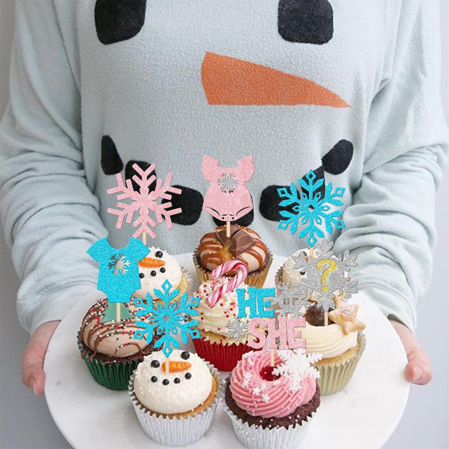 24 Pcs Snowflake Gender Reveal Cupcake Toppers Pink Blue Glitter He Or She Snowflake Cupcake Picks Boy Or Girl Cake Decorations