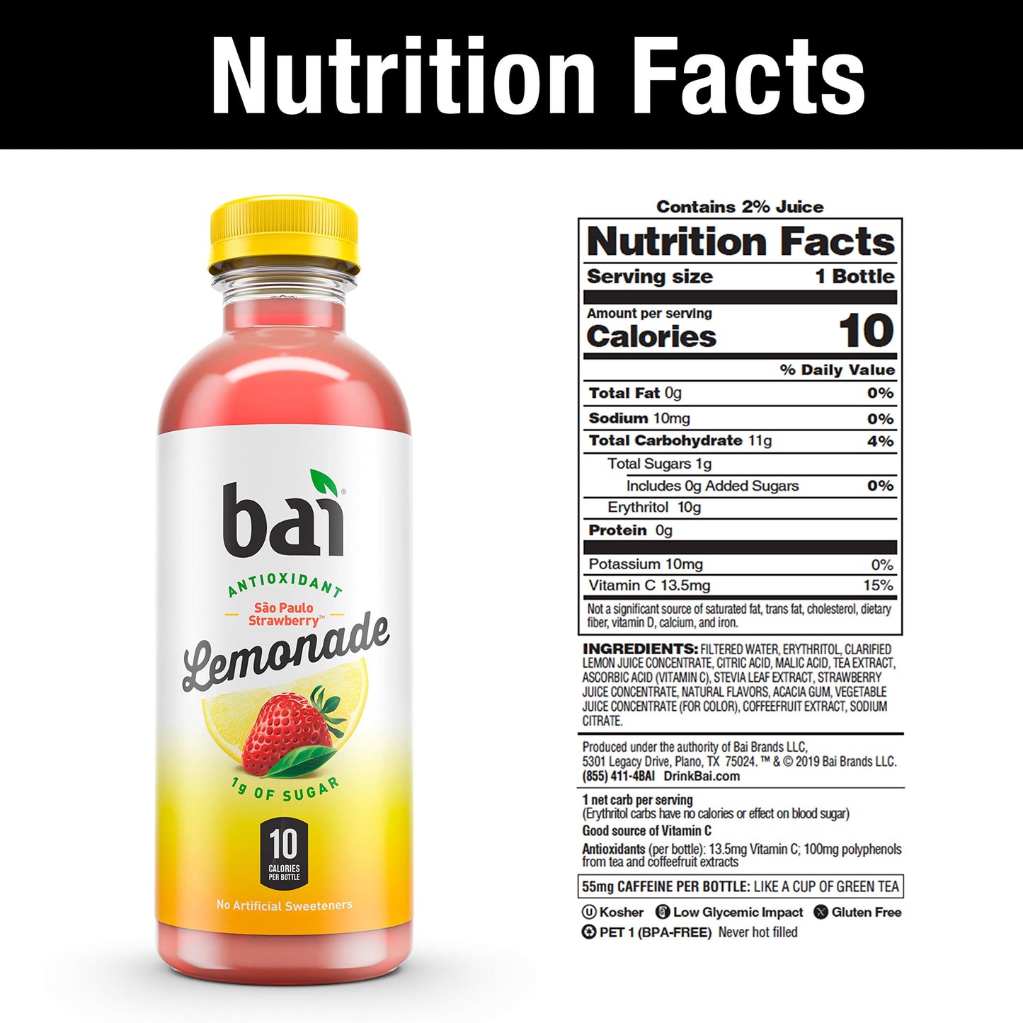 Bai Flavored Water, São Paulo Strawberry Lemonade, Antioxidant Infused Drinks, 18 Fluid Ounce Bottles, 6 Count