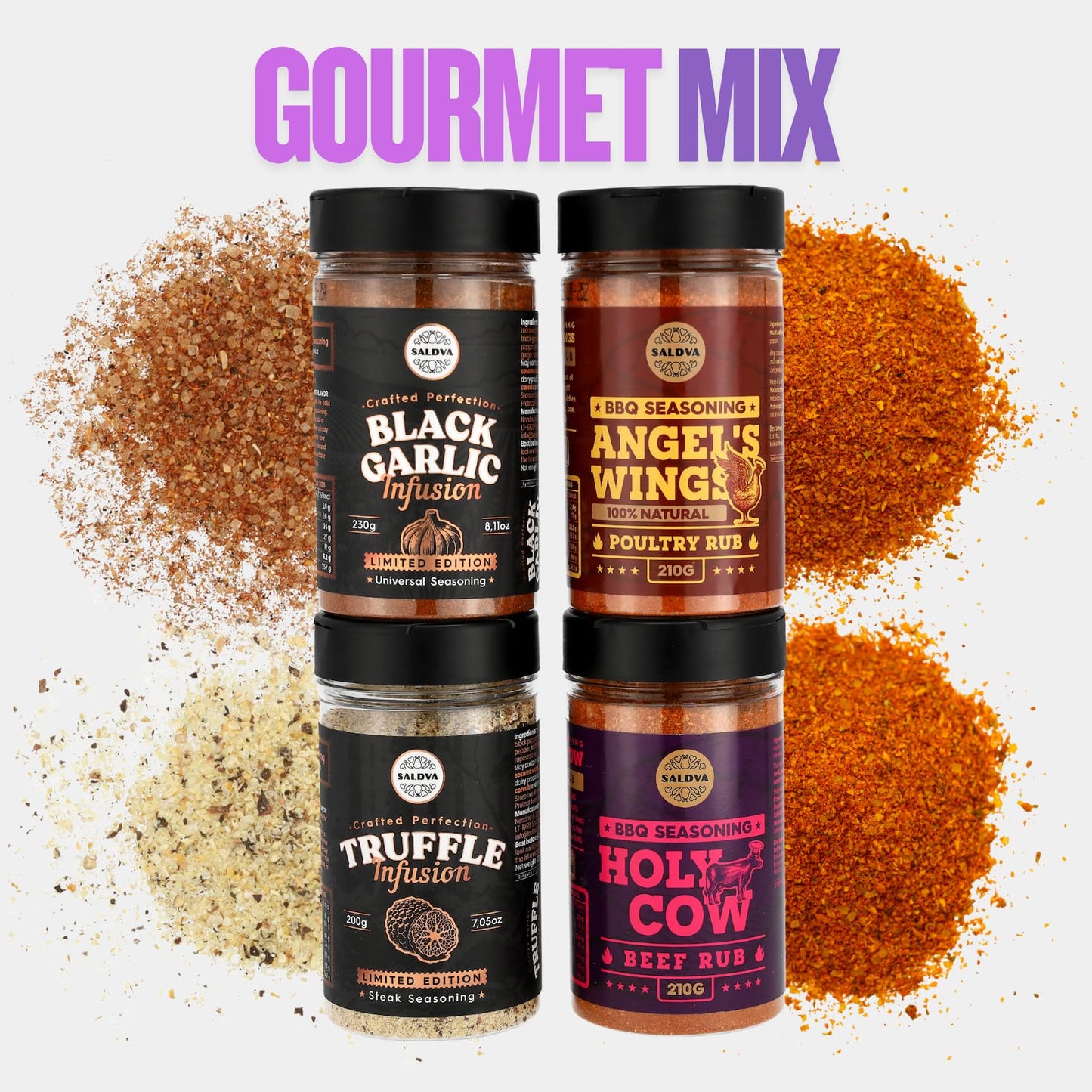 Enhanced Bbq Rub Gift Set - Holy Cow, Angel’S Wings, Black Garlic, Truffle Infusion Bbq Rubs | Pack Of 4 | 100% Natural | Spice Gift For Foodie