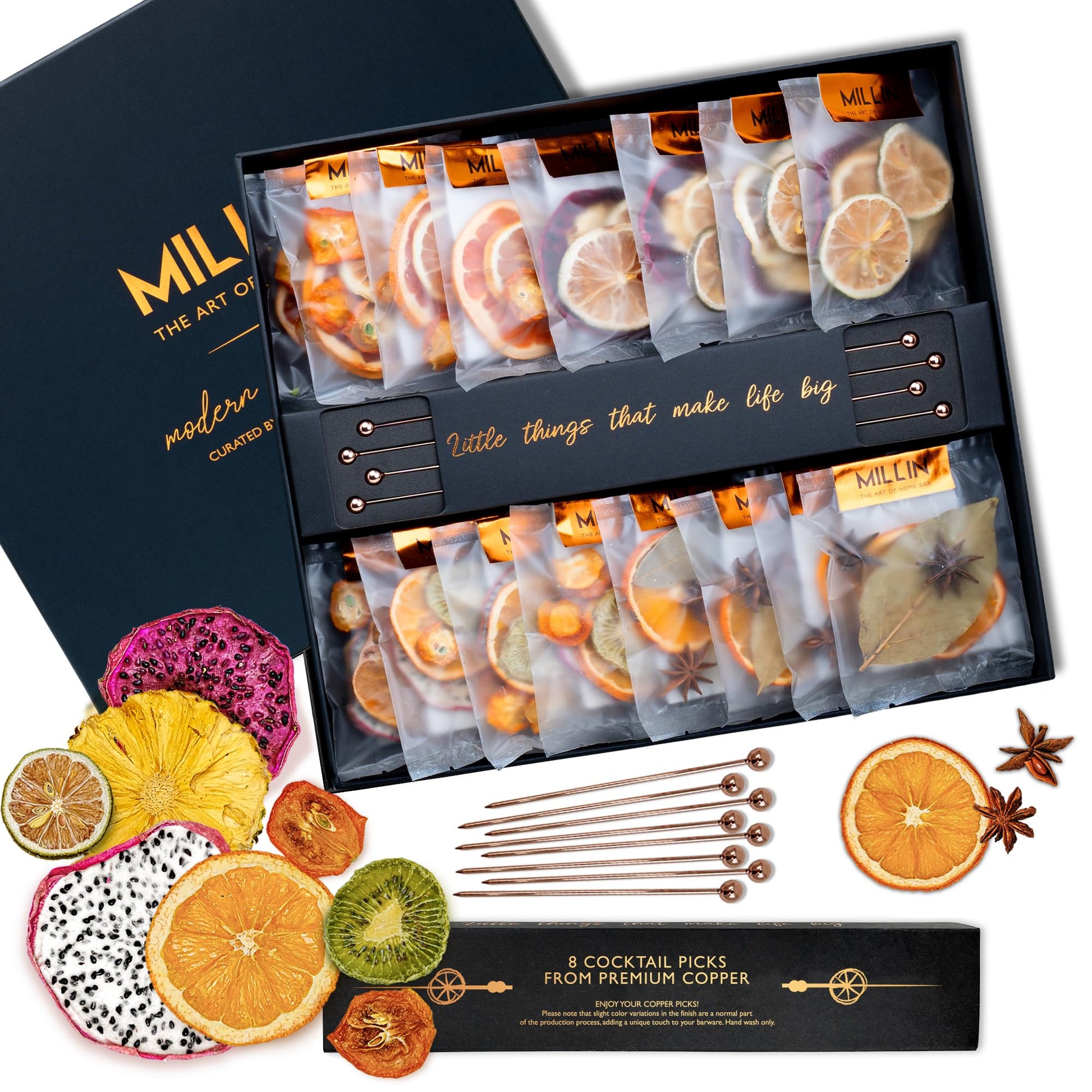 Millin Cocktail Garnish Gift Set - 100% Natural Dehydrated Fruits, 70 Slices + 8 Picks, Large Size, Copper Color