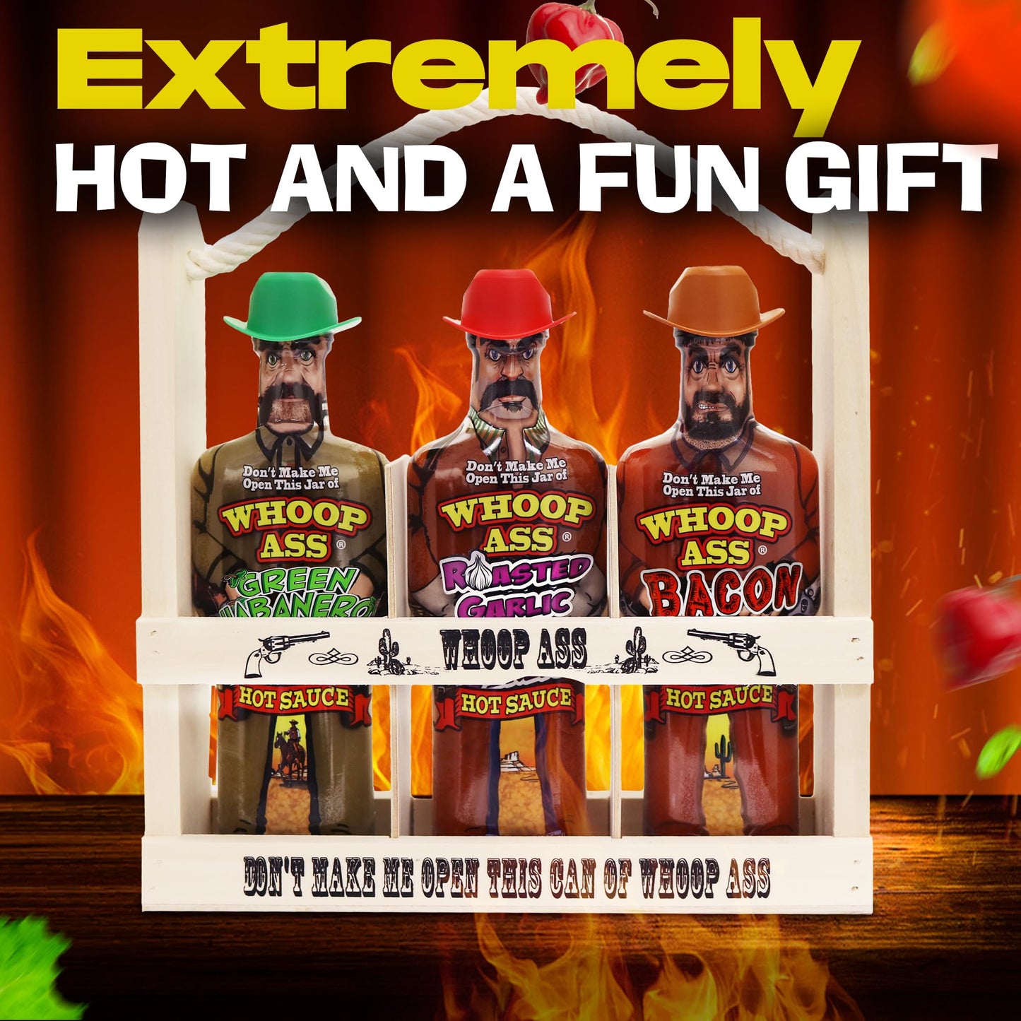 WHOOP ASS Premium Bacon Hot Sauce Gift Set - Green Habanero & Roasted Garlic - 5.6 oz (Pack of 3)