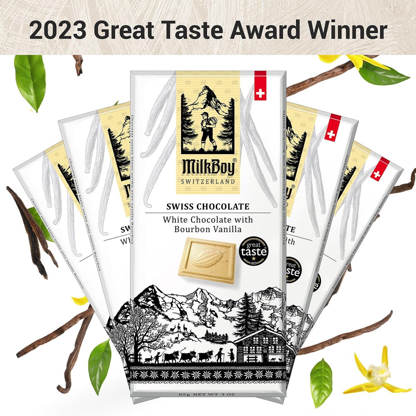 Milkboy Swiss Chocolates White Chocolate Bars - Gourmet spirit-inspired flavor Vanilla - Gluten Free, Non-GMO - 3 oz, Pack of 10