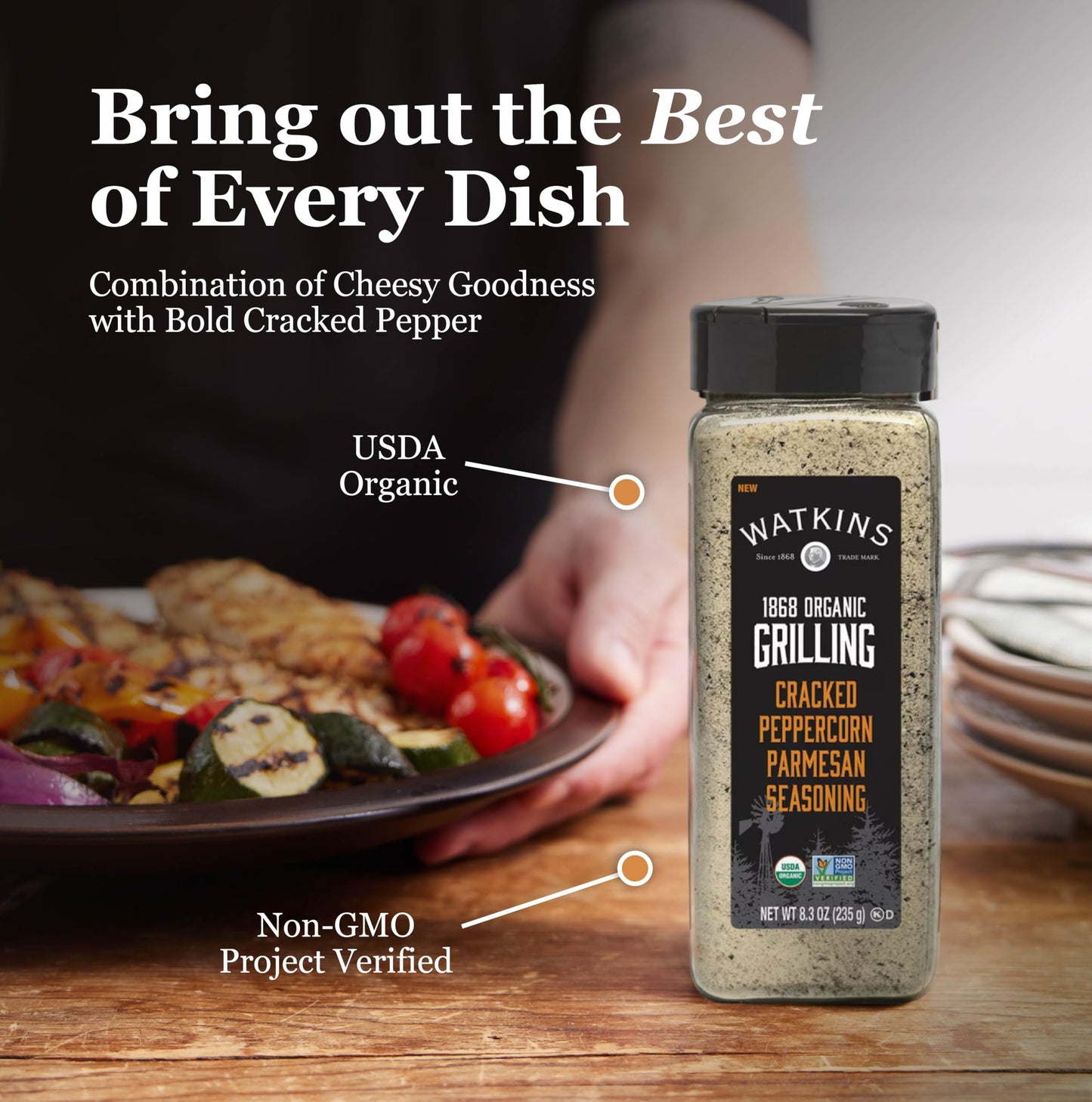 Watkin'S Organic Grilling Cracked Peppercorn Parmesan Seasoning, 8.3 Oz