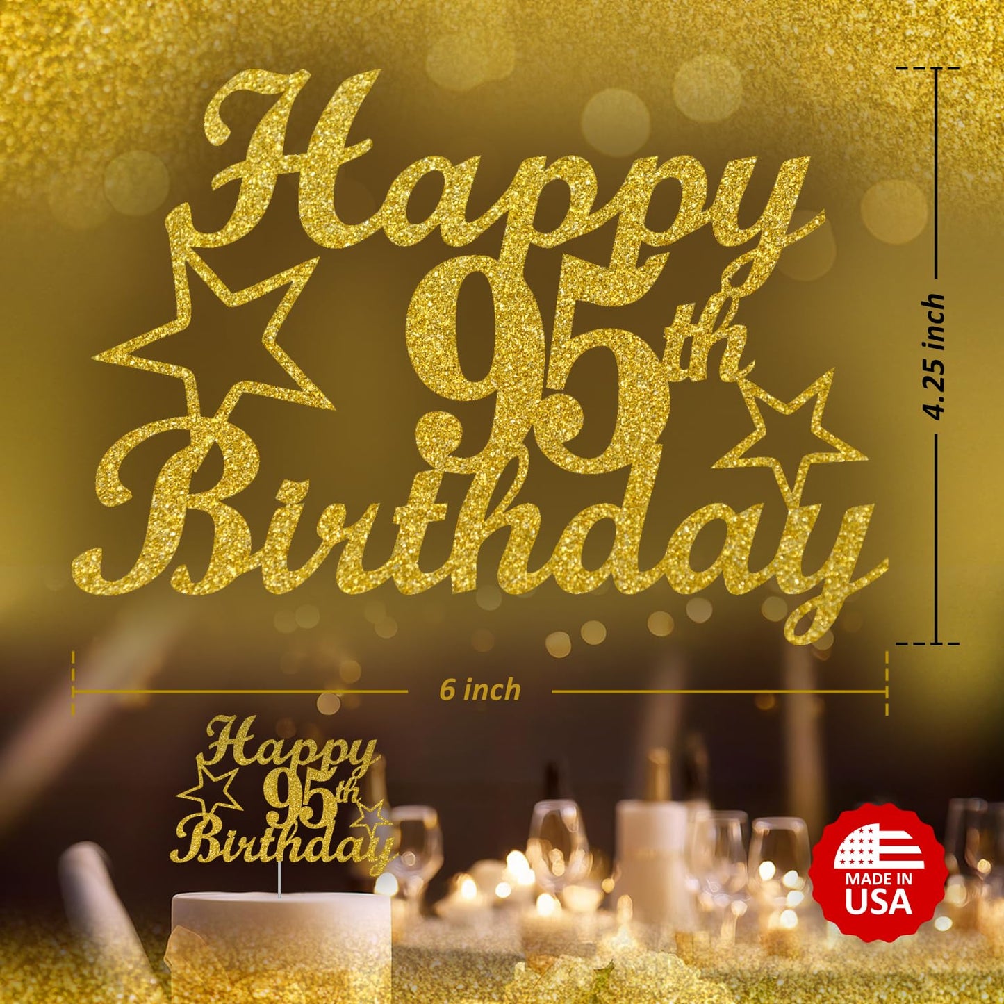 RokAPary 95 Birthday Cake Topper, Gold Glitter, Premium Acrylic, Sturdy Double-Sided, Made in USA