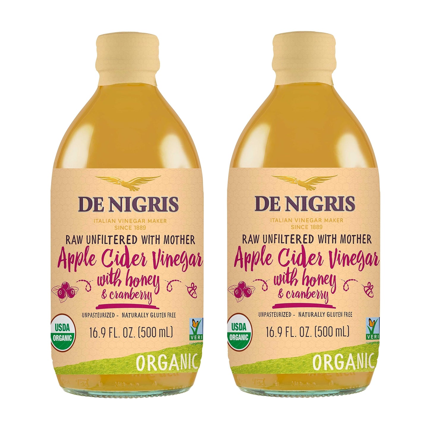 De Nigris Organic Apple Cider Vinegar with Honey & Cranberry, Raw & Unfiltered, 16.9 Fl Oz (Pack of 2)