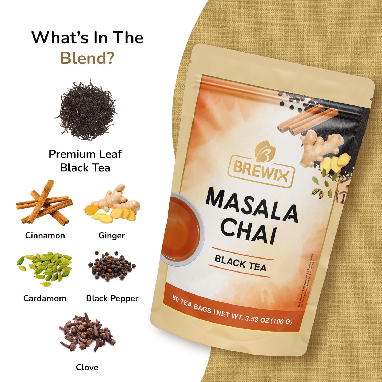 Brewix, Masala Chai Tea Bags (50 Pyramid Tea Bags) Strong, Robust & Spicy - Pure Ingredients | Black Tea, Cinnamon, Ginger, Blac