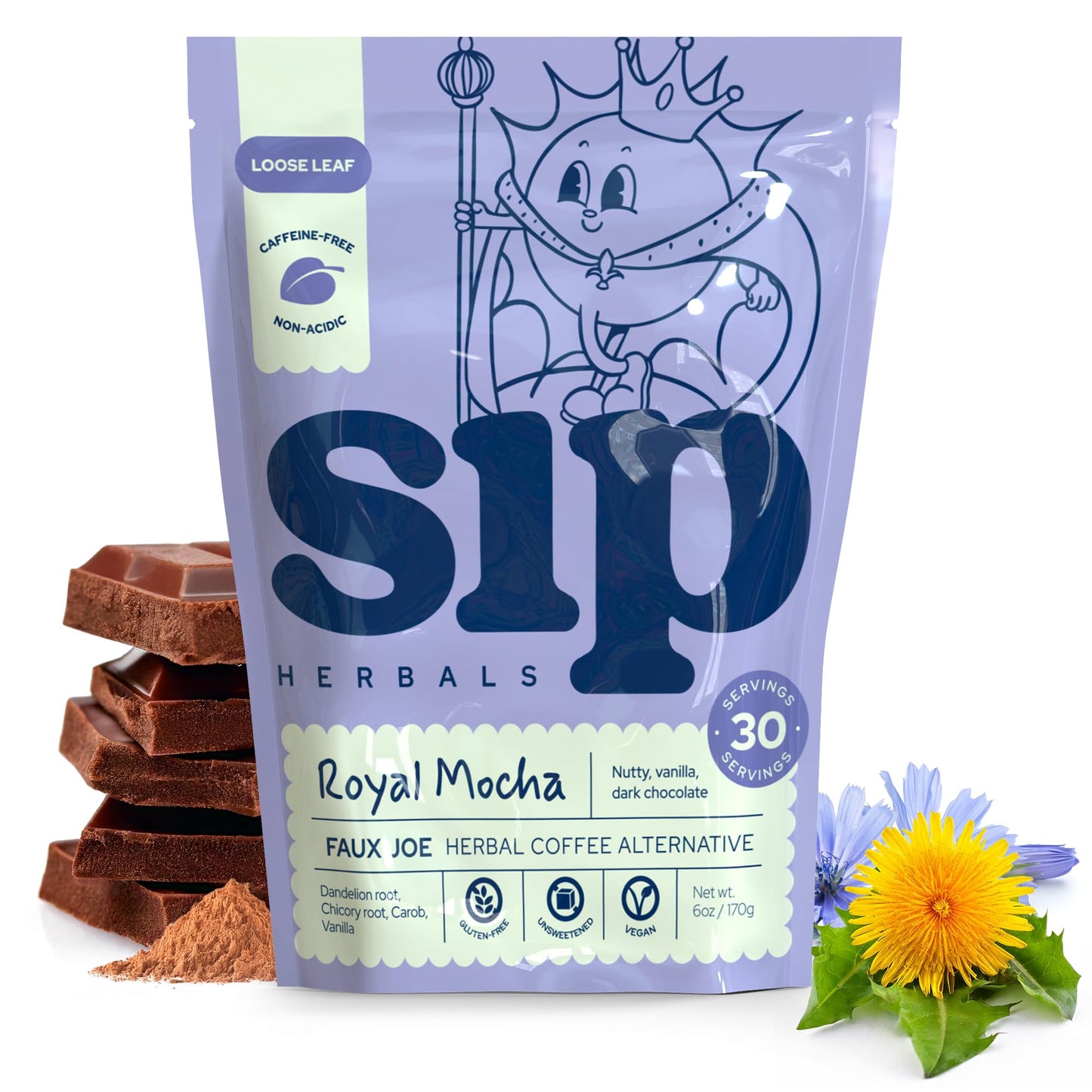 Sip Herbals Herbal Coffee Alternative - Caffeine-Free Organic Tea, Royal Mocha Roast, 30 Servings
