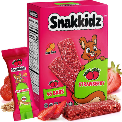 Snakkidz Organic Strawberry Chewy Granola Bars, 45 Count, Gluten Free Granola Bar, Nut and Allergen Free, Low Sugar, Made with A