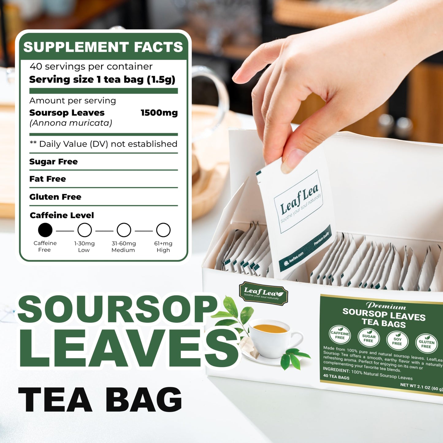 LeafLea Soursop Leaf Tea Bags, Herbal Blend, Caffeine-Free, Vegan, 80 Bags, Pack of 2