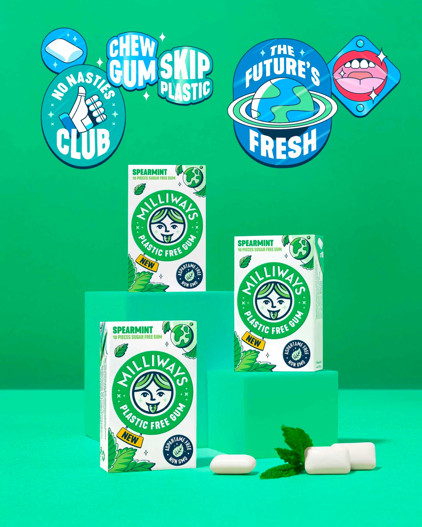 Milliways Spearmint | Plastic Free Gum | Xylitol  Aspartame-Free  Sugar-Free  Plant-Based  Natural Chewing Gum | 120 Pieces Total (12 Packs of 10 Pieces)