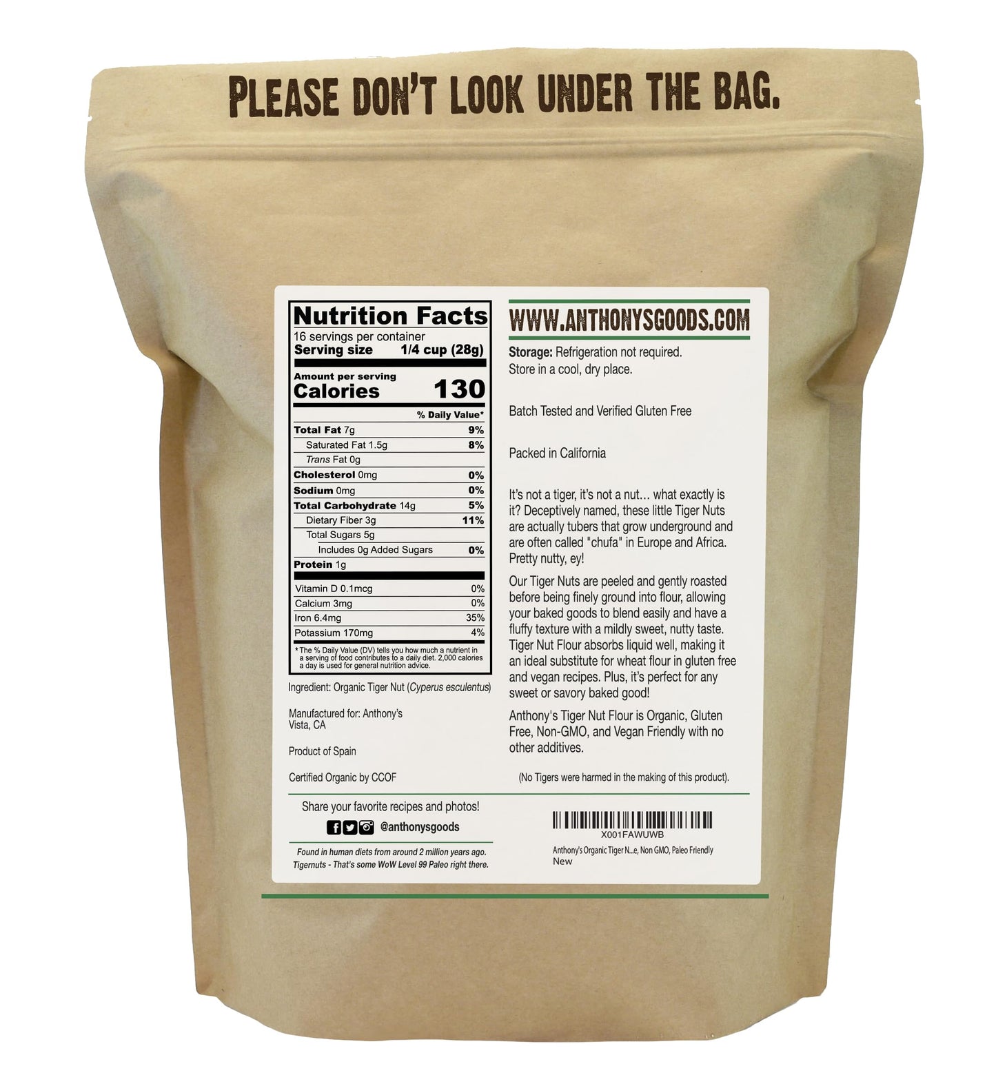 Anthonys Organic Tiger Nut Flour, 1 lb, Gluten Free, Non GMO, Paleo Friendly