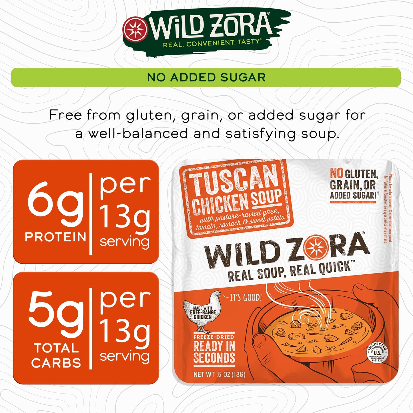 Wild Zora Instant Keto-Friendly Soups Tuscan Chicken 8-Pack Broth Made With Free-Range Chicken, And Vegetables, Gluten-Free, Low