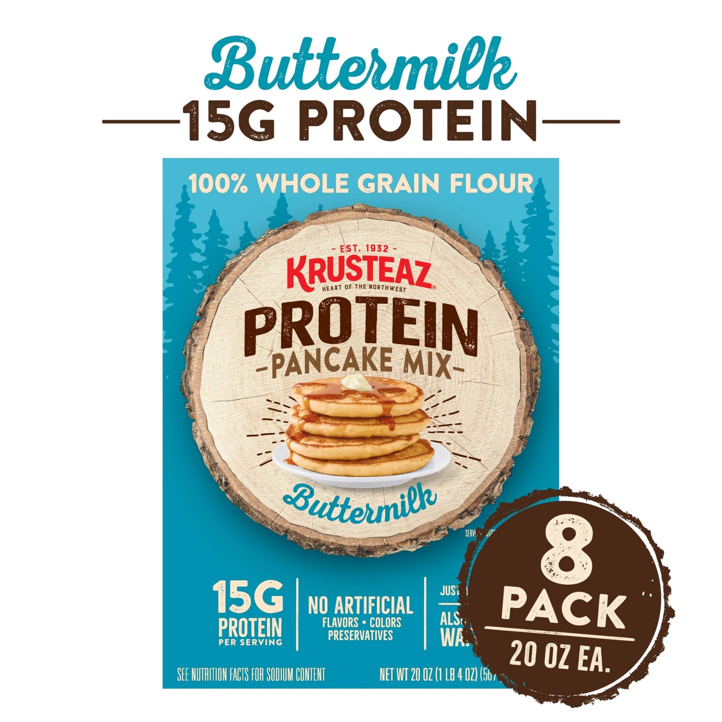 Krusteaz Protein Buttermilk Pancake and Waffle Mix, 15g Protein Per Serving, 20 oz Boxes (Pack of 8)
