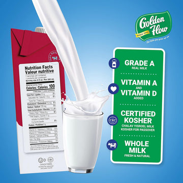 Golden Flow Shelf Stable Whole Milk - UHT 8oz Boxes (12 Pack), 100% Grass Fed, High in Omega-3 & Vitamin D, No Refrigeration Nee