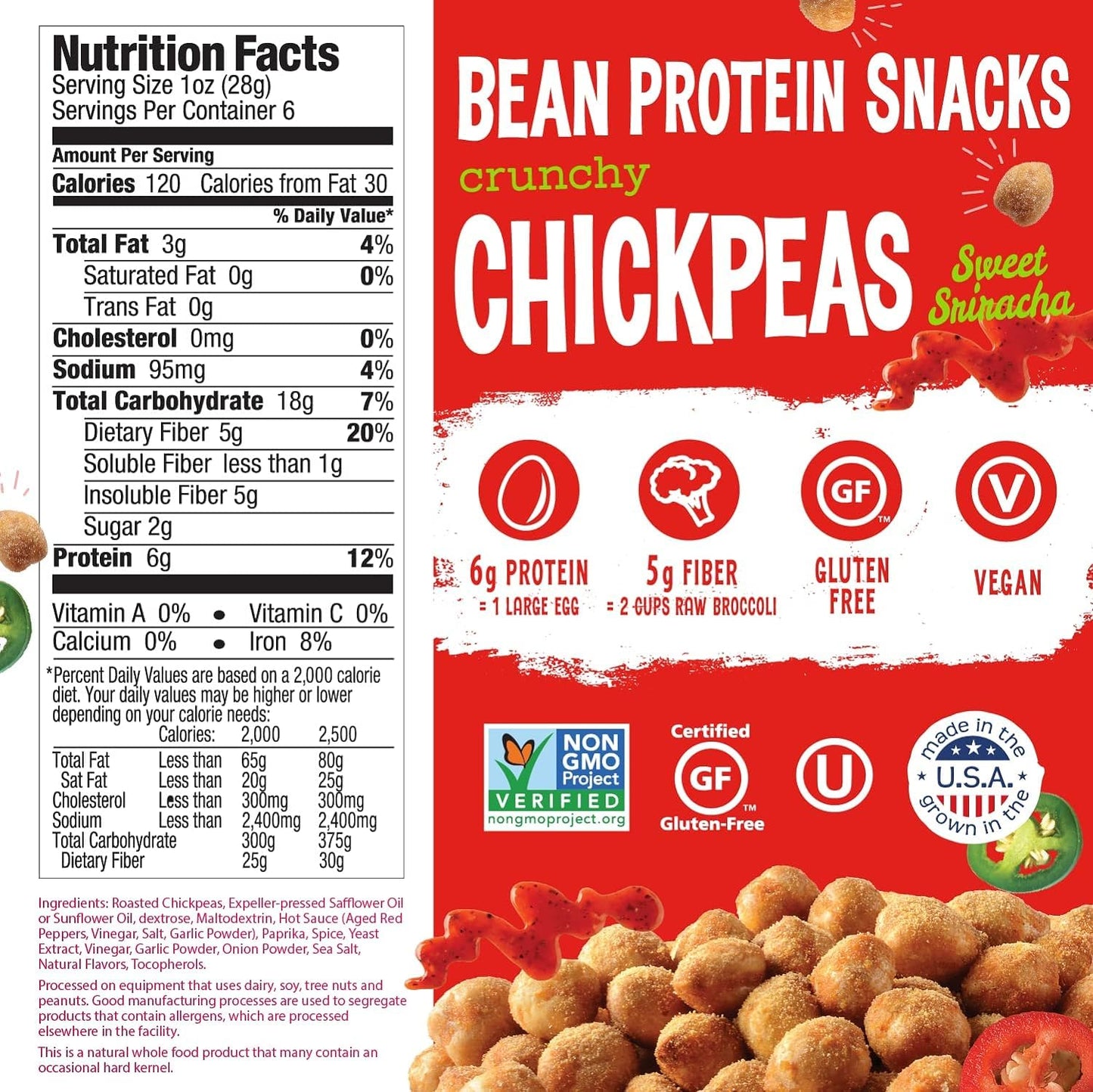The Good Bean Crunchy Chickpeas - Sweet Sriracha - (6 Pack) 6 Oz Packet - Roasted Chickpea Beans - Vegan Snack With Good Source