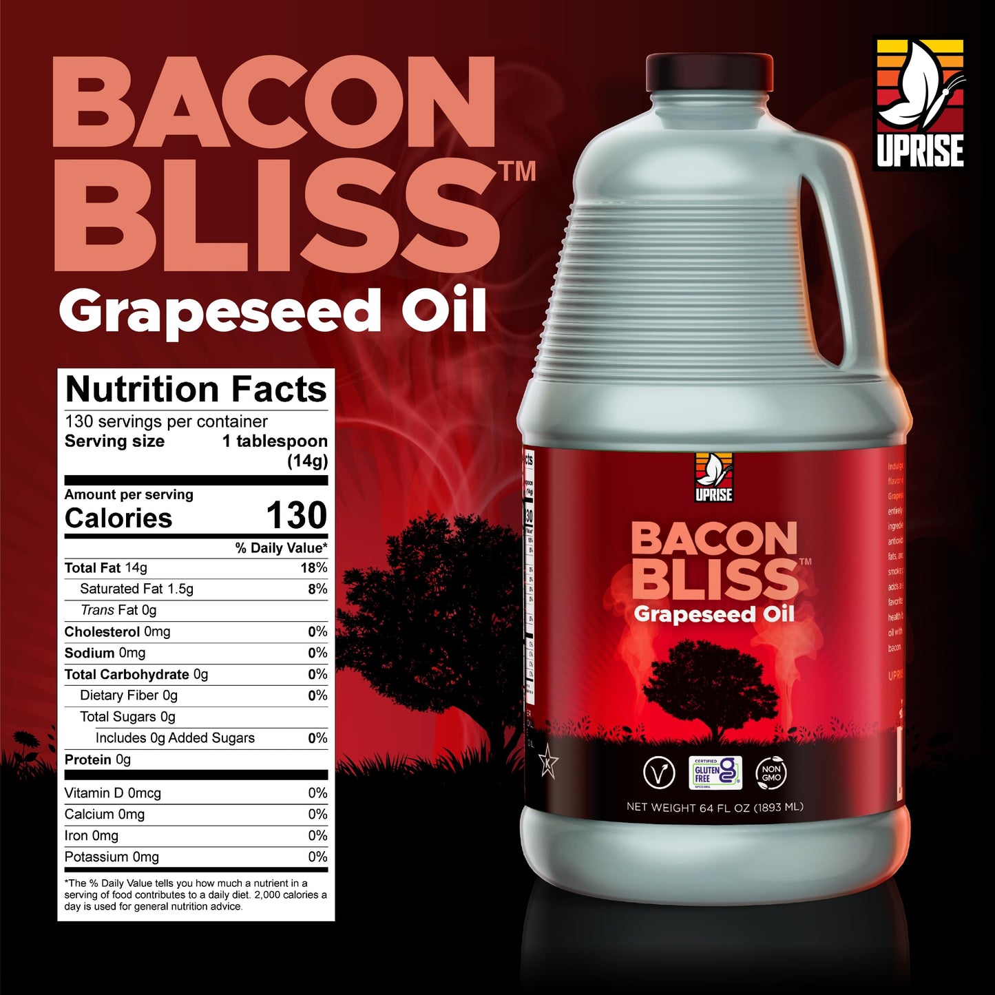 Bacon Bliss Grapeseed Oil 64 Oz (High Smoke Point, Gluten-Free, Non-Gmo, Plant-Based)