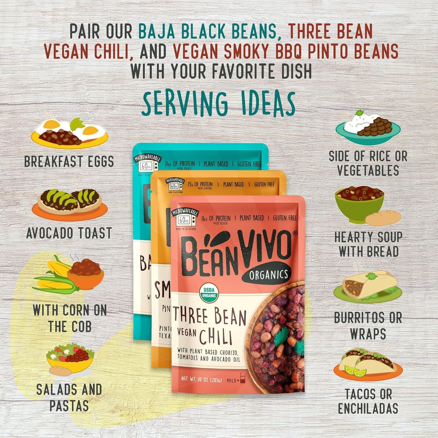 Beanvivo - Variety 6 Pack (10 Oz Each) - Organic Baja Black Beans, Three Bean Vegan Chili, Bbq Pinto Beans - Seasoned & Ready To