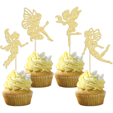 Gyufise 36Pcs Fairy Cupcake Toppers Gold Glitter Flower Angel Fairy Cupcake Picks Ballet Dancer Cupcake Topper For Wedding Brida