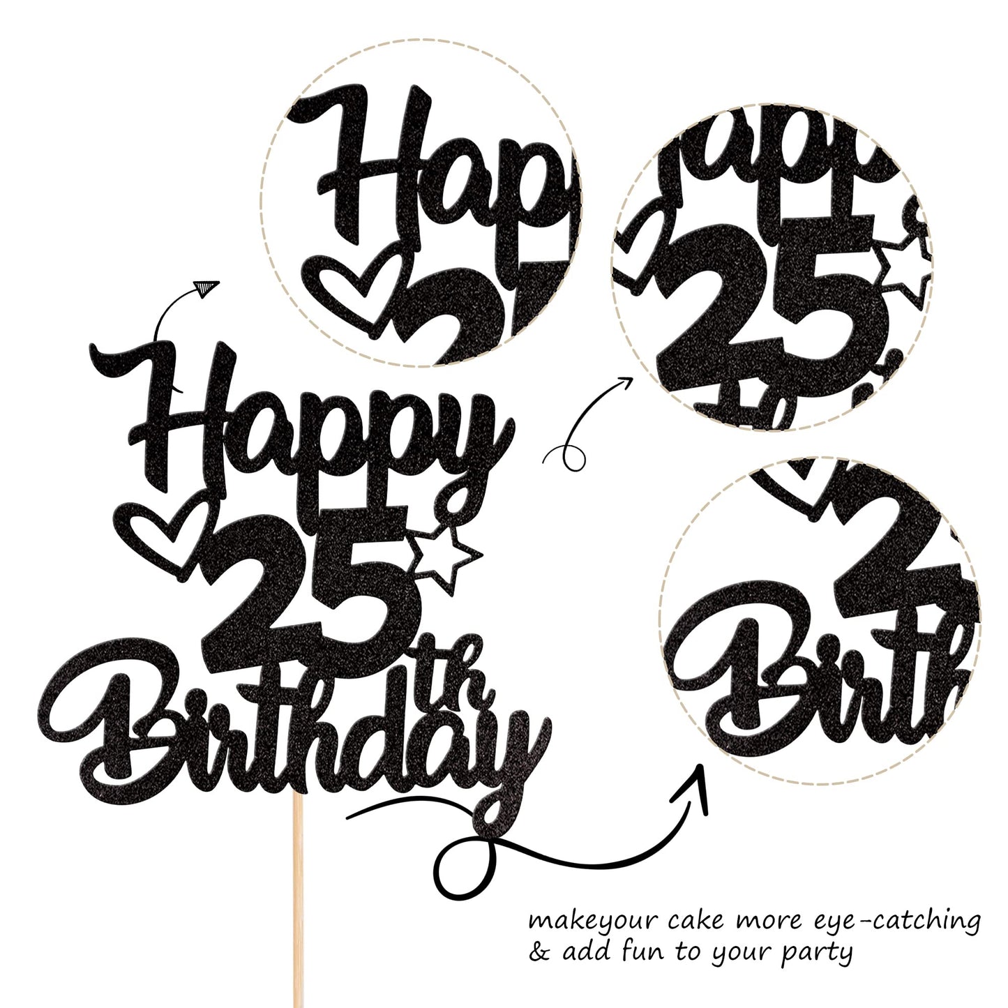 YCTHUNFISH 25th Birthday Cake Topper Glitter Heart Star Decoration Black Bamboo