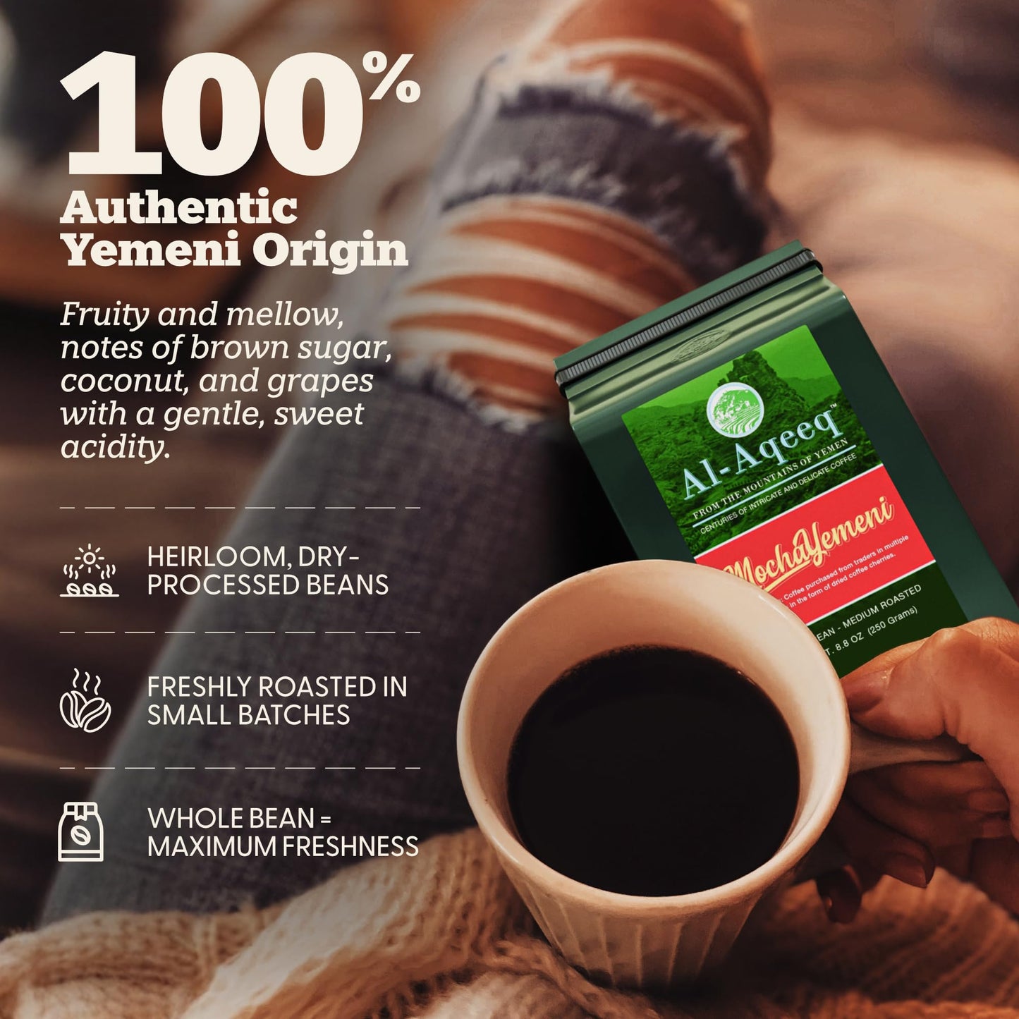 Al-Aqeeq Yemeni Coffee, Medium Roast Whole Bean, 8.8 oz - Authentic Single Origin Arabica, Freshly Roasted Coffee Beans