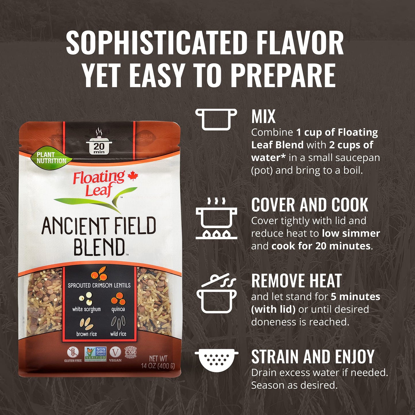 1 Pack X 14 Ounces Ancient Field Blend, Wild Rice Blend With Sprouted Crimson Lentils, White Sorghum Grain, Quinoa And Brown Rice, Non Gluten, Non-Gmo, Kosher And Vegan - Floating Leaf