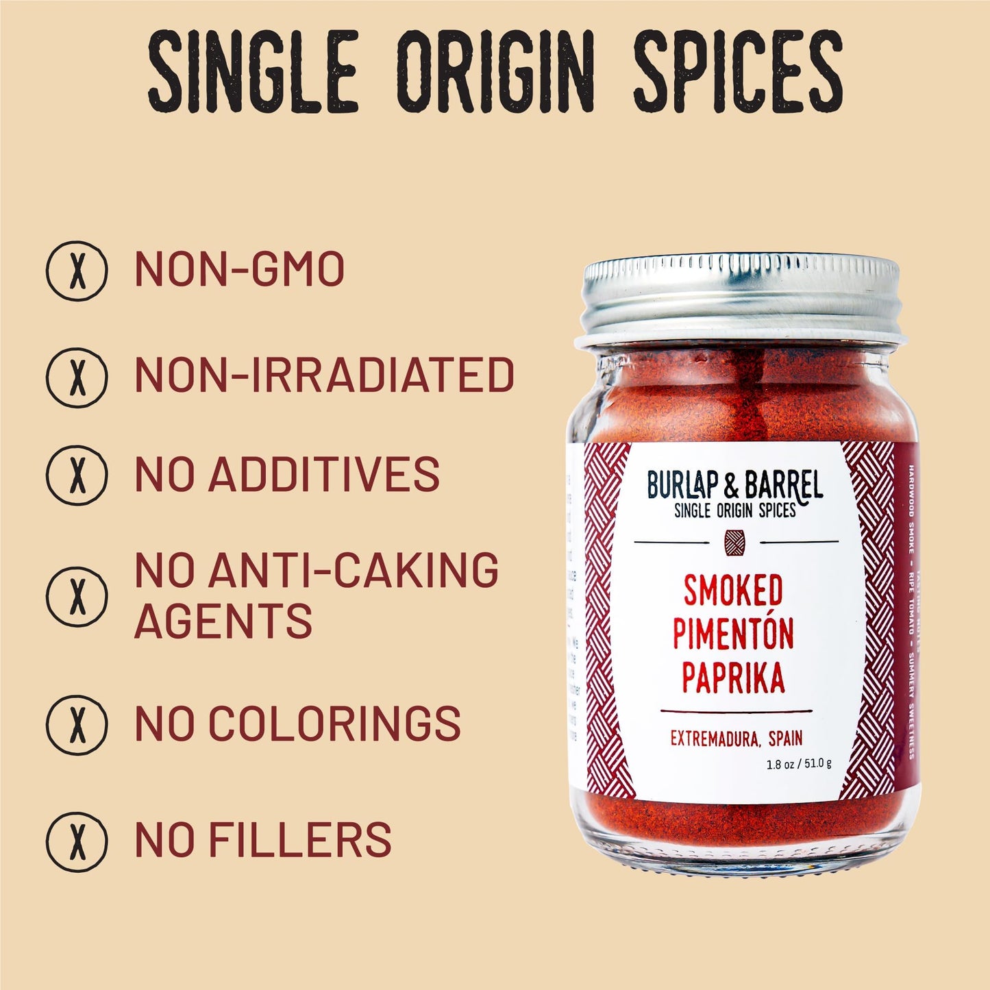 Burlap & Barrel Smoked Pimentón Paprika - Rich Flavor, Mild Heat - 1.8oz Glass Jar