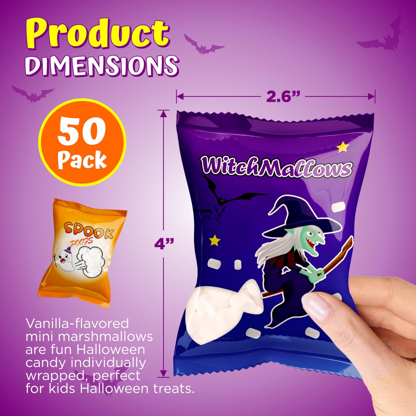 50 Pack Assorted Halloweens Mini Marshmallows Individually Wrapped  Witchmallow & Spook Poof  Vanilla Flavored  Halloweens Themed Snacks Bulk  Kids Fun Halloween Candy Bulk for Trick or Treat