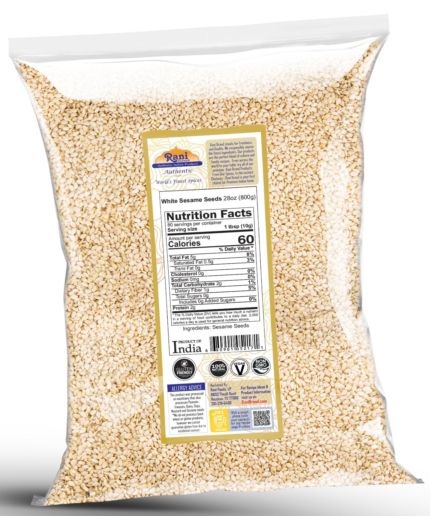 Rani Sesame Seeds Whole White, Hulled (Till) 28Oz (800Gm) ~ All Natural | Gluten Friendly | Non-Gmo | Kosher | Vegan | Indian Or