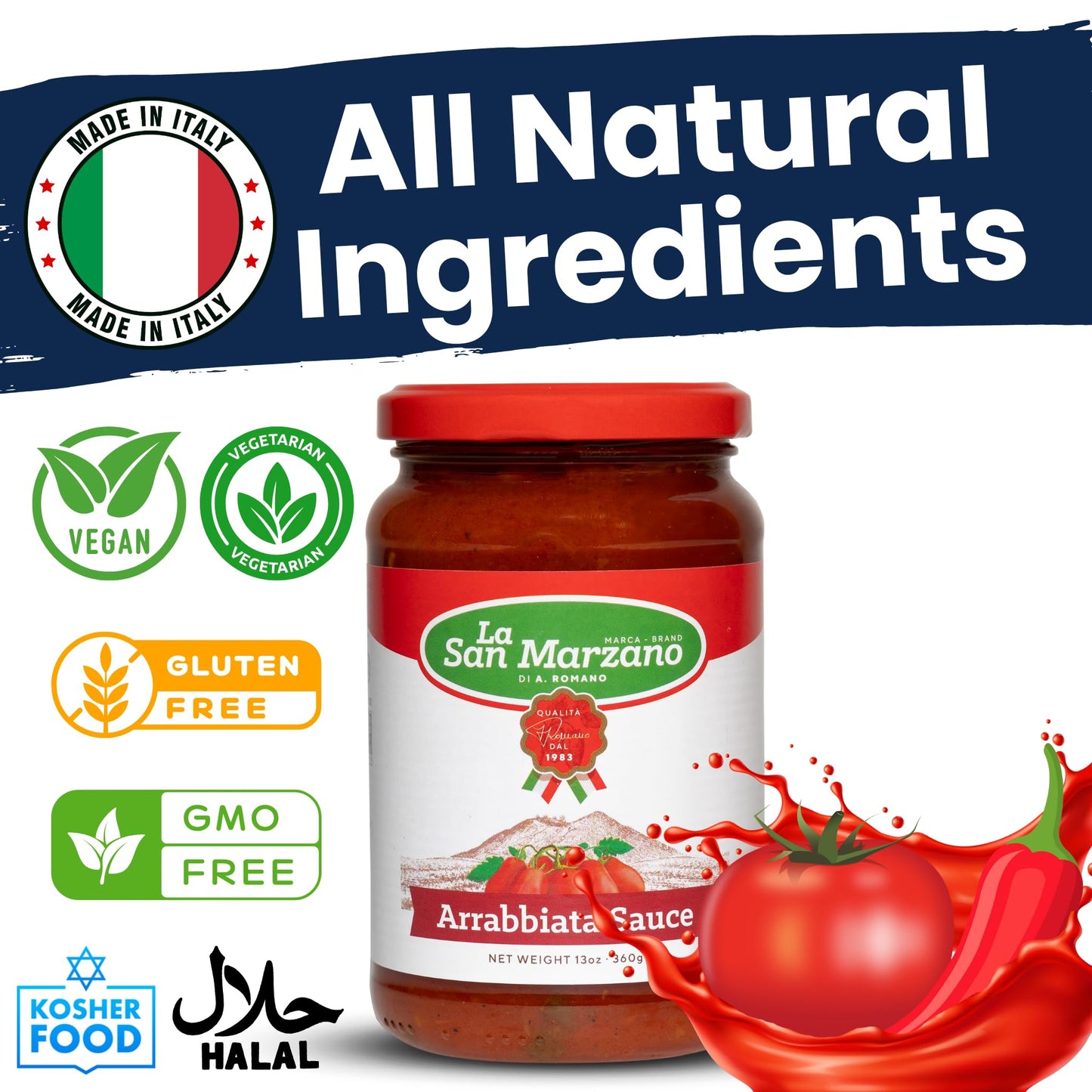 La San Marzano Arrabiata Sauce, All Natural, Vegan, Gluten Free, 13 oz, Pack of 4