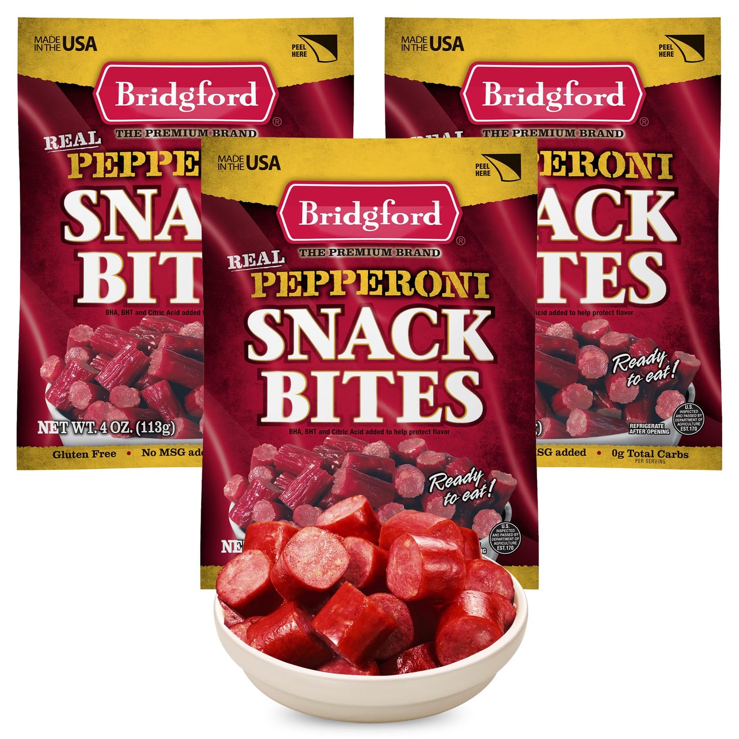 Bridgford Pepperoni Snack Bites 4 oz Pack of 3 - Ready-to-Eat Pepperoni Snacks for On-the-Go Snacking - Pork and Beef Pepperoni 