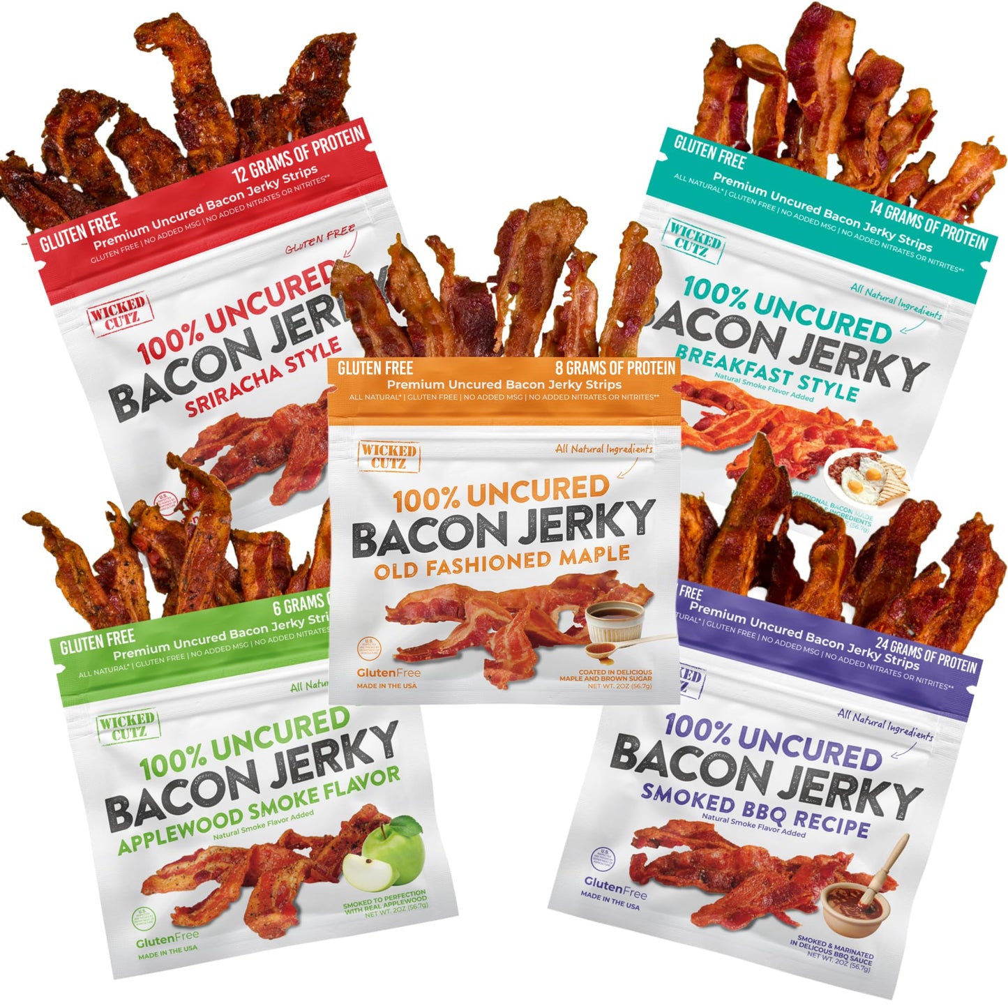 Bacon Jerky Variety Pack & Jerky Gift Basket for Men | Tender  Flavorful  Easy to Chew Craft Jerky w/up to 24g Protein Per Bag  Carnivore Diet  High Protein  Healthy Snack for mature-themeds (5 Bags)