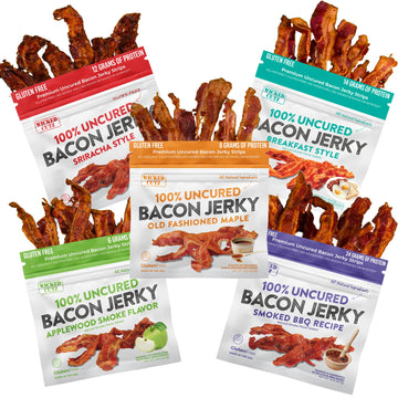 Bacon Jerky Variety Pack & Jerky Gift Basket for Men | Tender  Flavorful  Easy to Chew Craft Jerky w/up to 24g Protein Per Bag  Carnivore Diet  High Protein  Healthy Snack for mature-themeds (5 Bags)