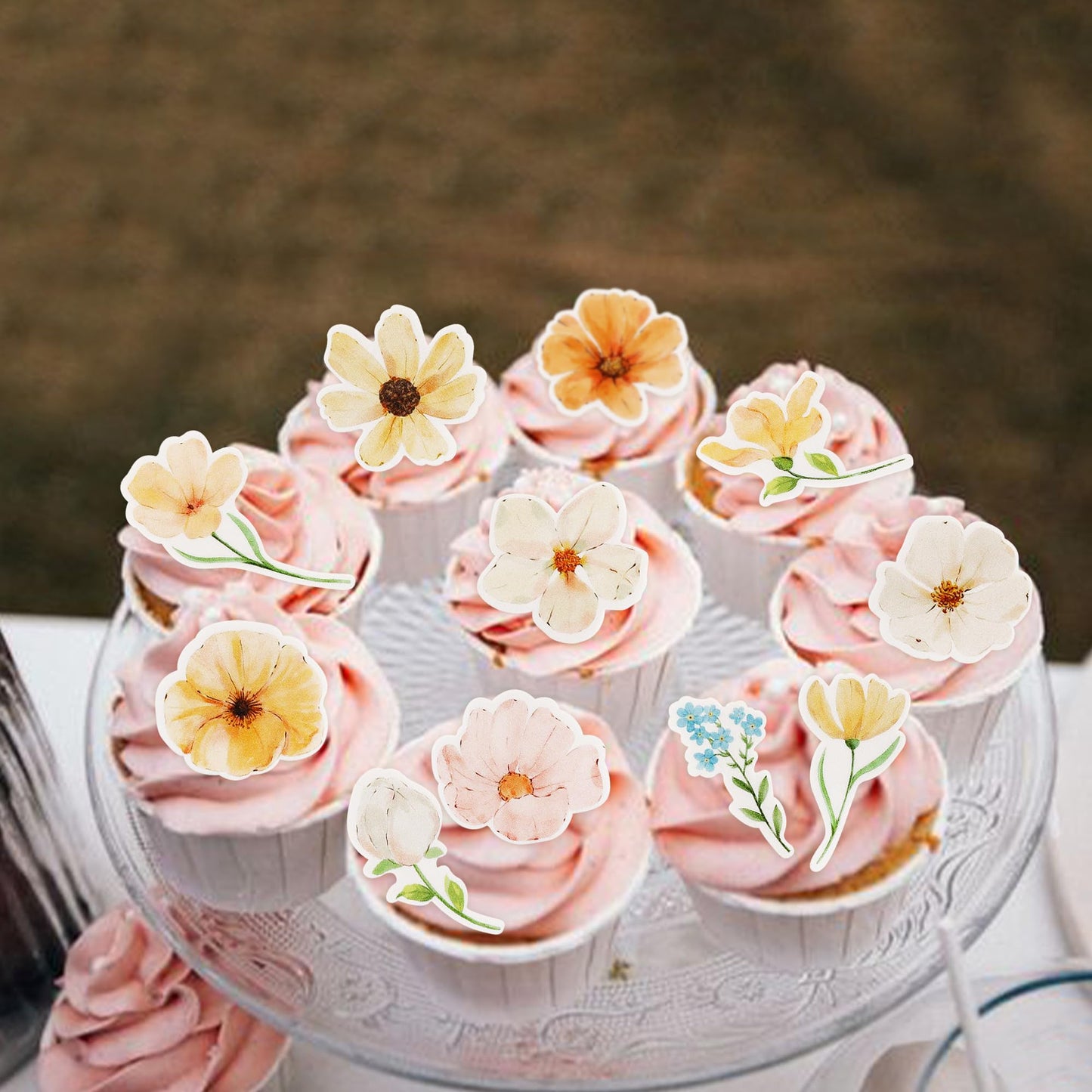 44 Pack Edible Flower Cupcake Toppers Spring Bridal Engagement Baby Shower Birthday Party Cupcake Picks Anniversary Drink Topper