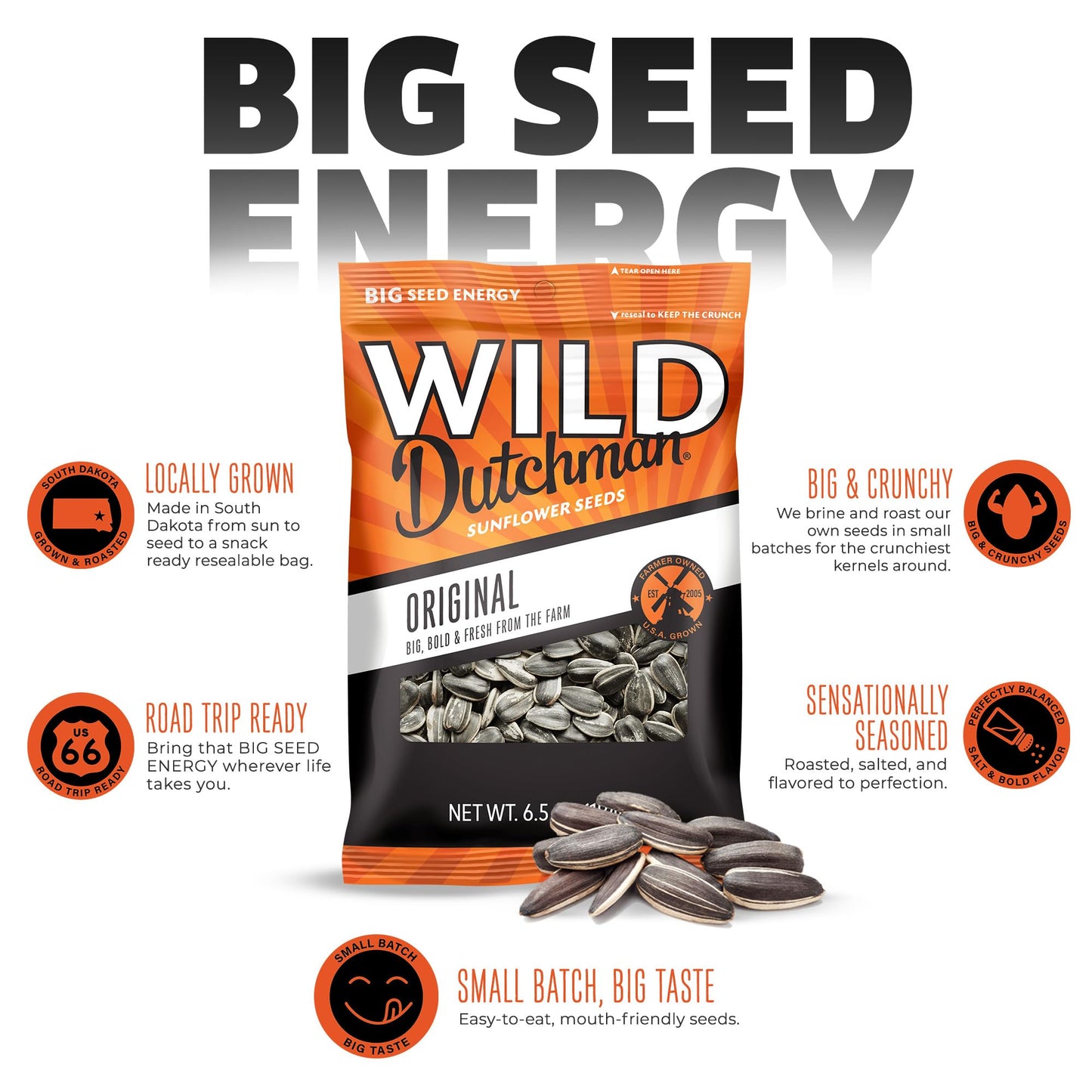 Wild Dutchman Roasted Sunflower Seeds In A Resealable Bag For Ultimate Freshness And An Easy Pour, Original 6.5 Oz & Cheddar Dil