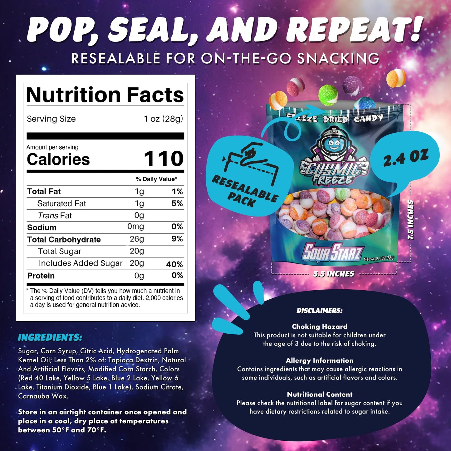 Cosmic Freeze Sour Starz Dried Candy, Crunchy Dry Candy For Mix-In Snacks Dried, Gluten-Free, Made In Usa, 2.4 Oz, 1-Pack