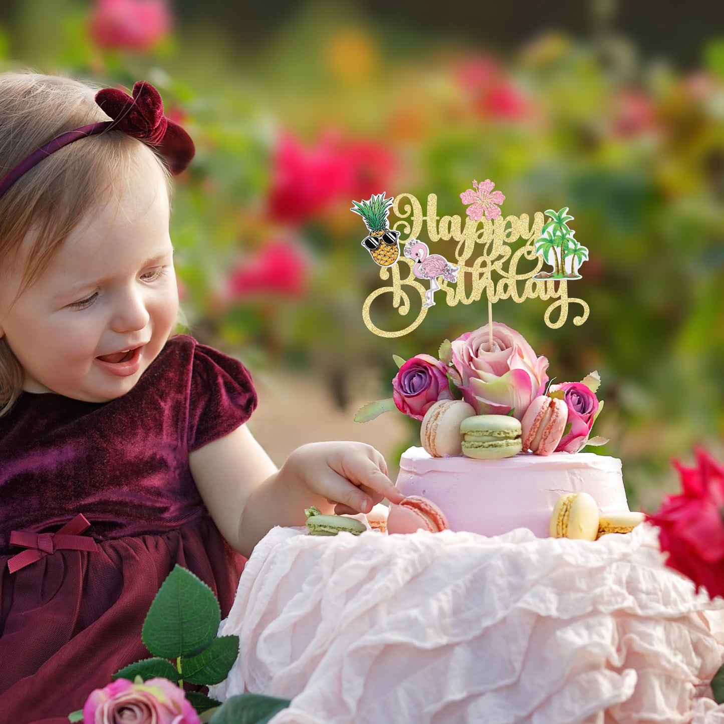 Gyufise 1Pcs Happy Birthday Cake Topper Tropical Hawaiian Luau Cake Pick Glitter Flamingo Flower Plam Leave Pineapple Cake Decor
