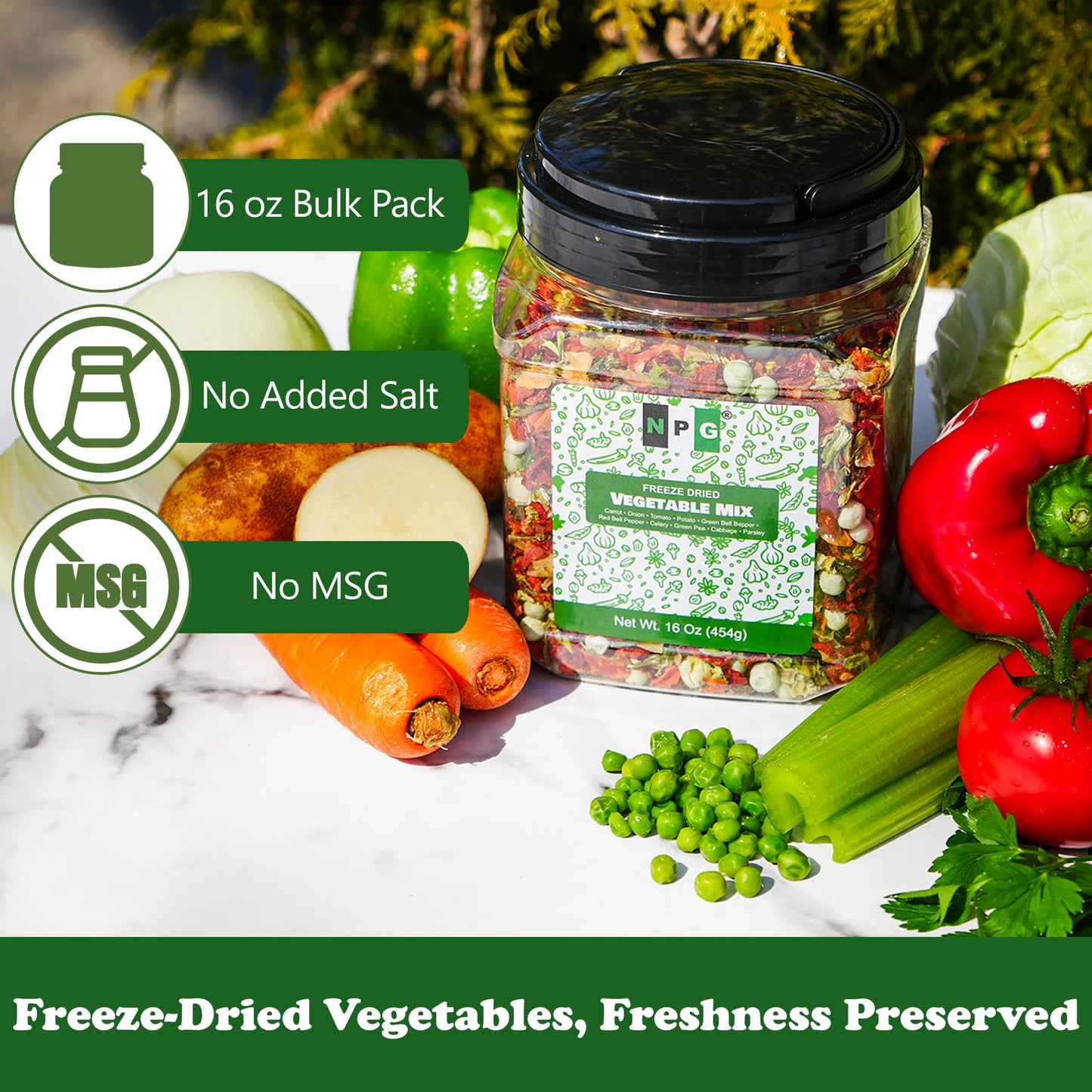 Npg Freeze-Dried Vegetable Mix 16 Oz (1 Lb), 10-Blend Dehydrated Vegetables Blend Of Carrots, Onions, Tomatoes, Potatoes, Bell P