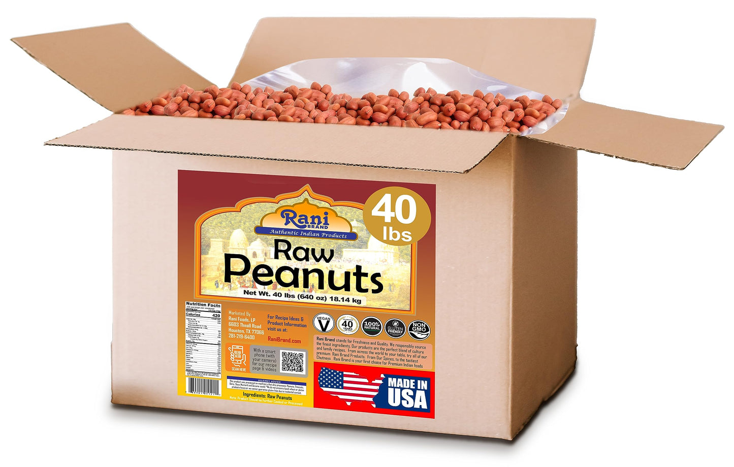 Rani Peanuts, Raw Whole With Skin (uncooked, unsalted) 40lbs (640oz) 18.14kg Bulk Box ~ All Natural | Vegan | Gluten Friendly |