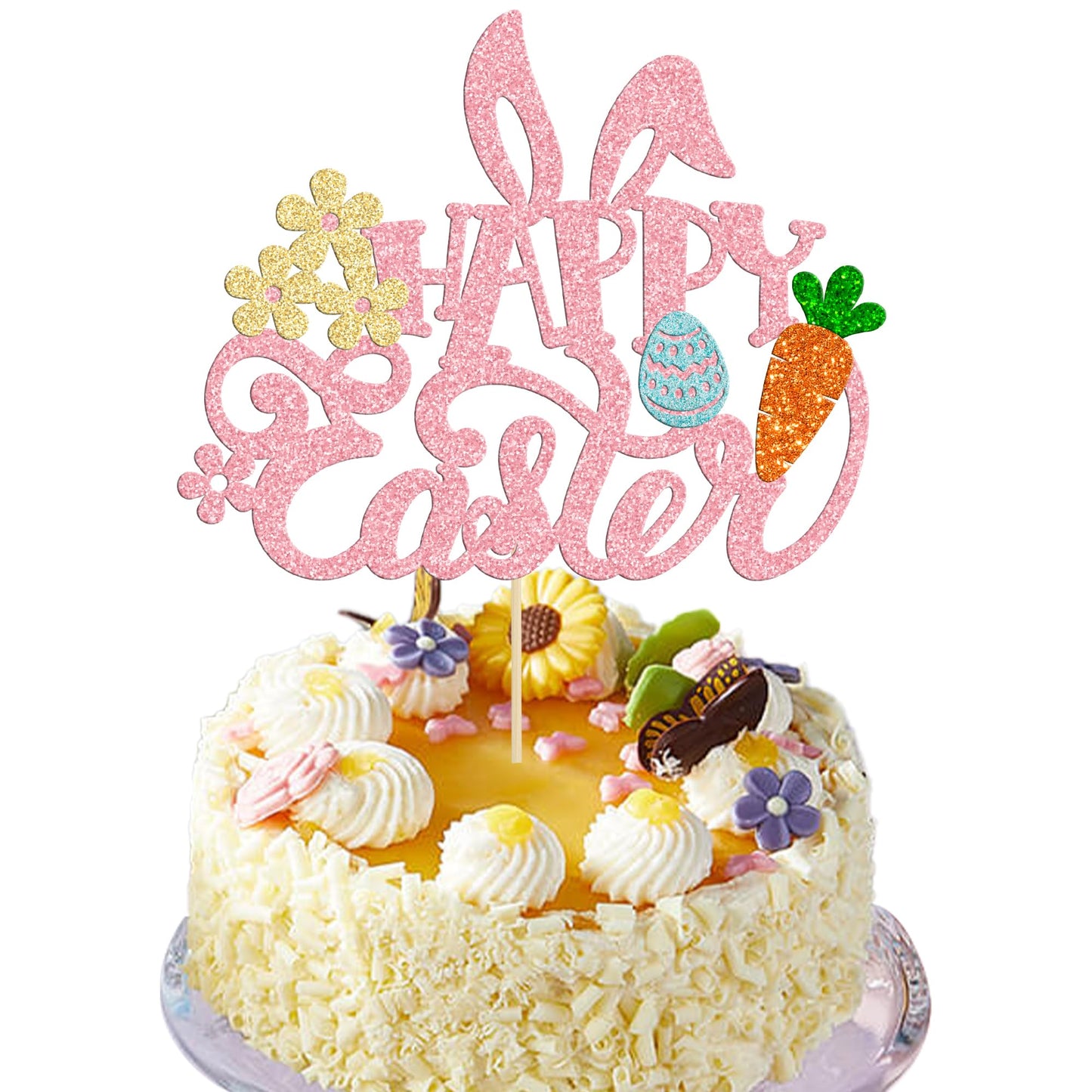 Gyufise Happy Easter Cake Topper, Glitter Bunny Ear Decoration, Pink, Model ZN0317-7-P