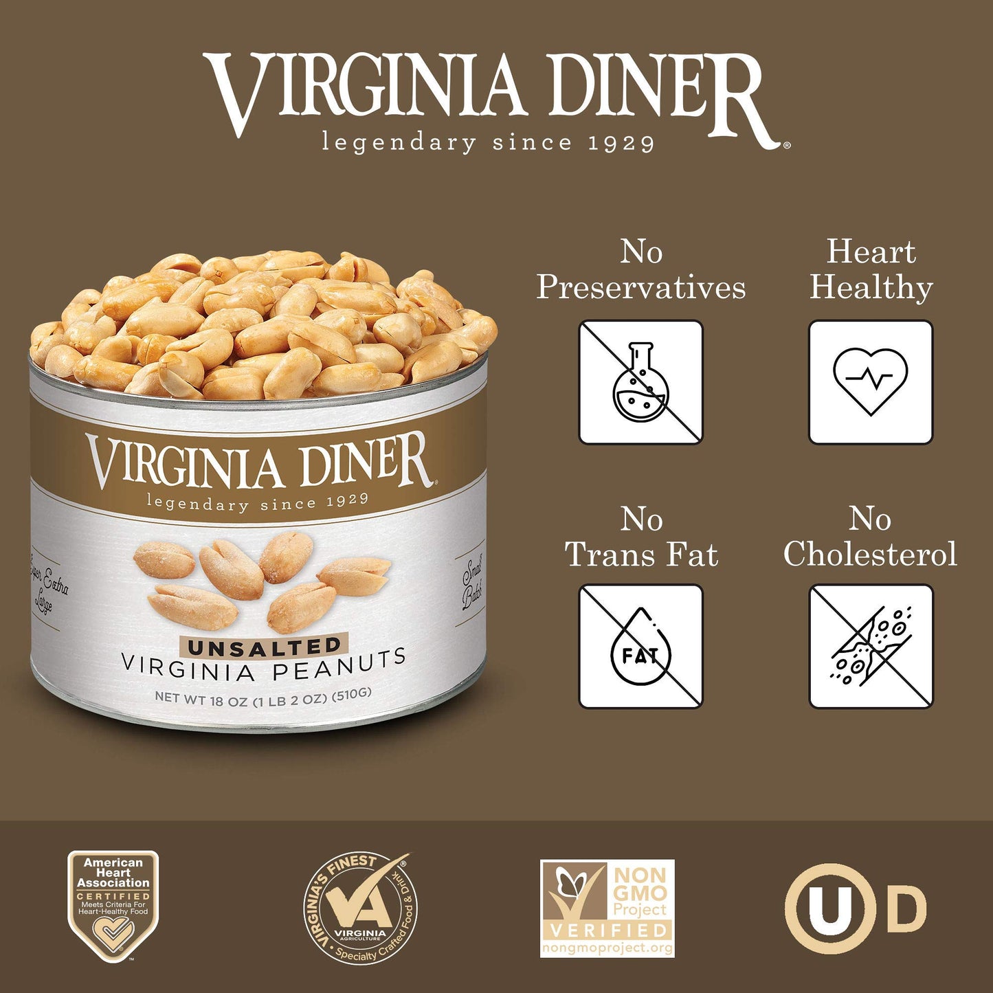 Virginia Diner Unsalted Virginia Peanuts - Xl Gourmet Natural Peanuts Non-Gmo, Preservative Free Gifts From Virginia Since 1929-18 Oz Can