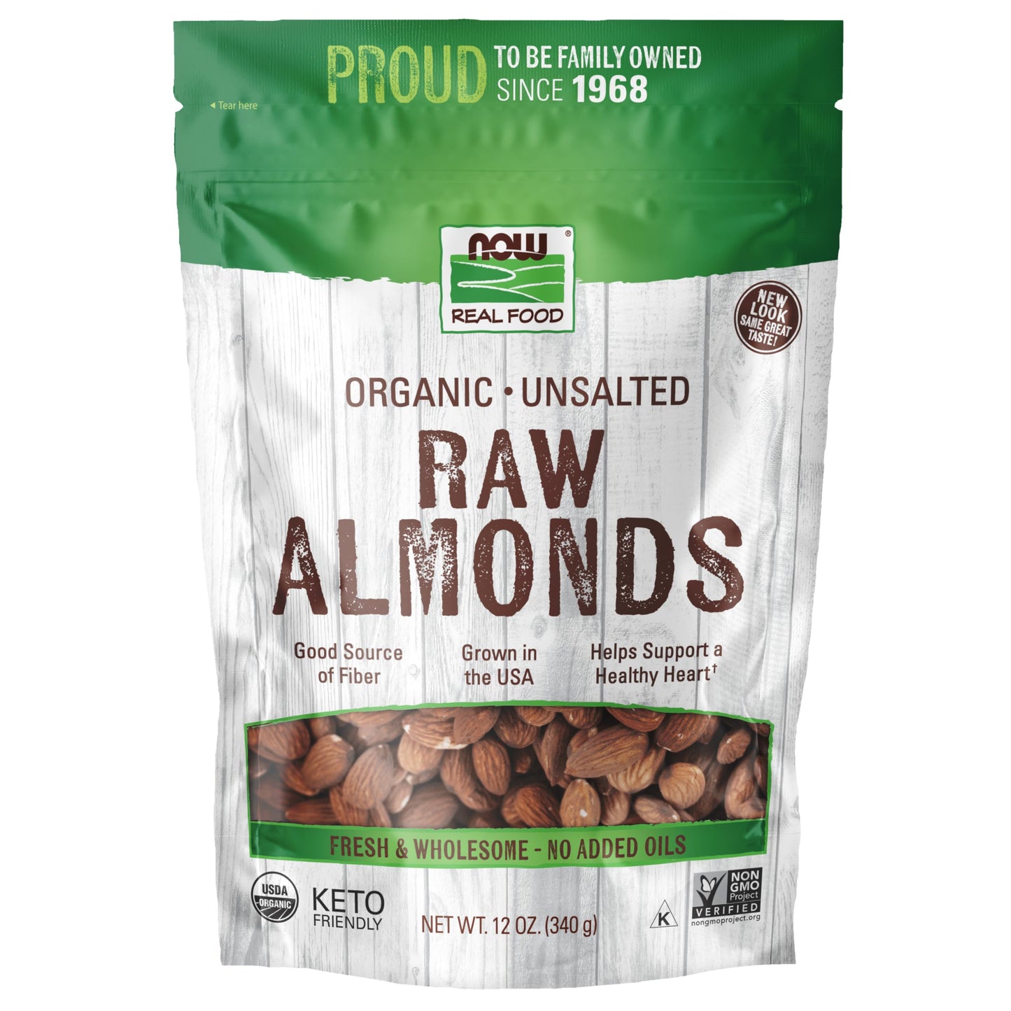 NOW Foods, Certified Organic Almonds, Raw and Unsalted, Good Source of Protein and Fiber, Grown in the USA, Certified Non-GMO, 1