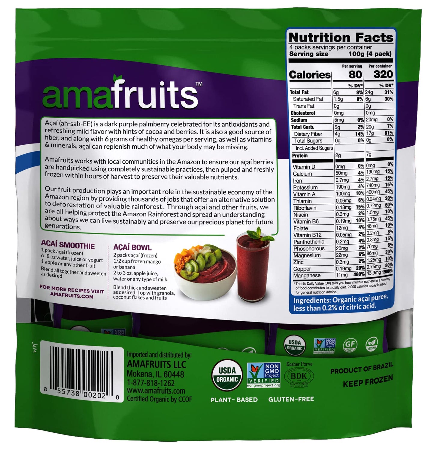 Amafruits Acai Berry Frozen Puree Smoothie Packs, USDA Organic, Non-GMO, 24 Packs x 3.5oz