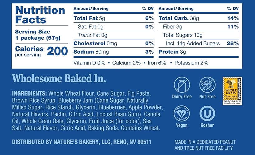 Natures Bakery Whole Wheat Fig Bars, Blueberry, Real Fruit, Vegan, Non-Gmo, Snack Bar, Twin Packs- 12 Count