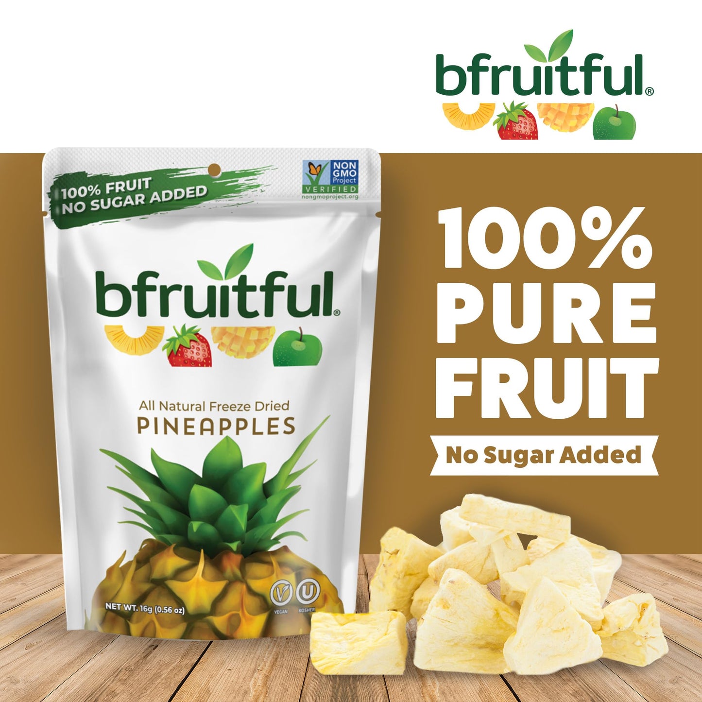 Bfruitful Freeze-Dried Pineapple, Freeze Dried Fresh Fruit Bites, Gluten Free, Vegan, Dairy Free, Kosher, No Sugar Added, Non Gm