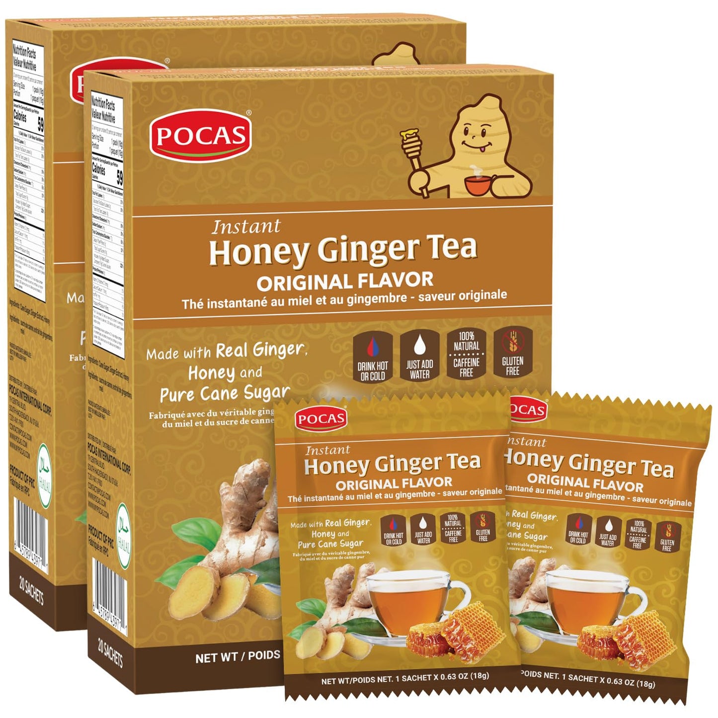Pocas Honey Ginger Instant Tea Powder - Caffeine-Free, 20 Packets per Box, 2-Pack, with Ginger Extract & Real Honey