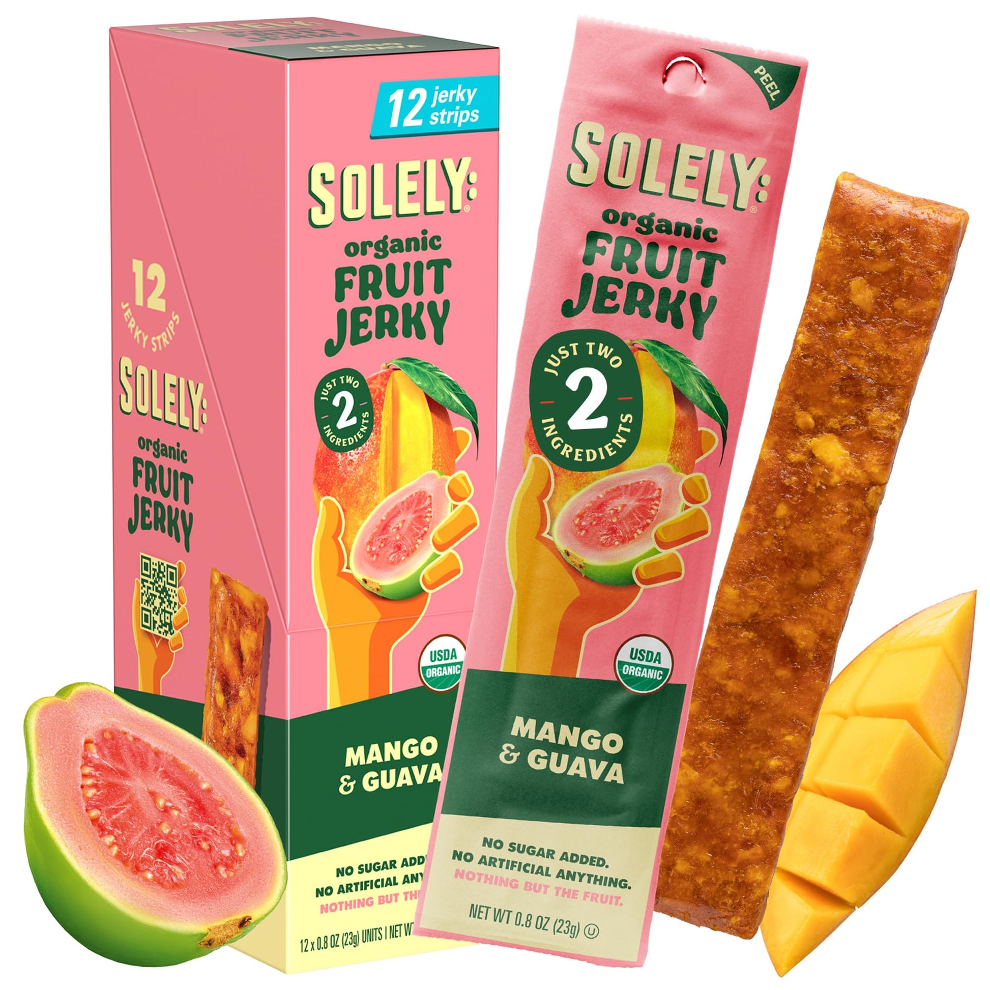 SOLELY - Organic Mango Guava Fruit Jerky - 12 Individually Wrapped Strips (12-Pack) - Fruit Leather Made from Dried Fruit - Heal