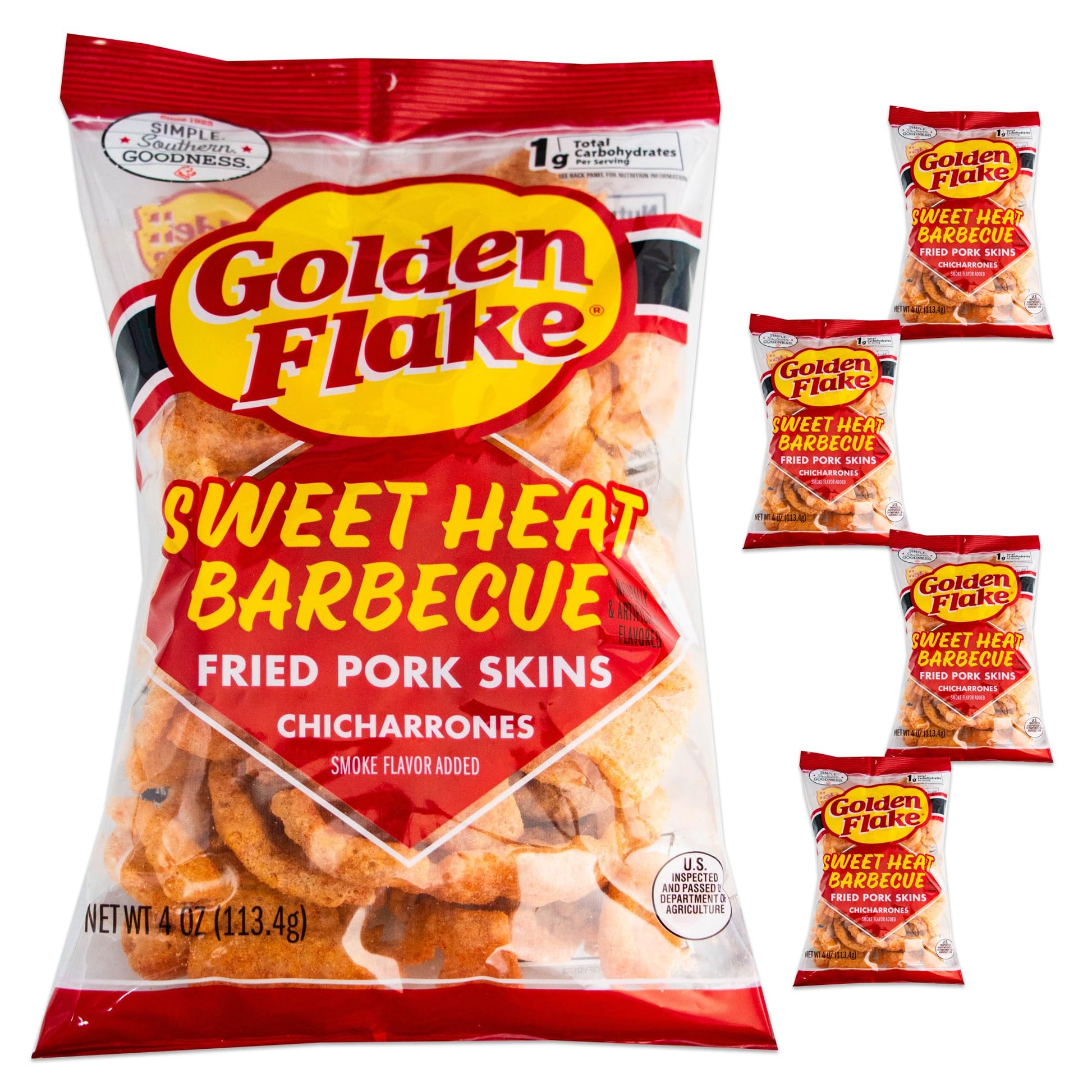 Golden Flake Utz Sweet Heat BBQ Pork Rinds - Chicharrones - Crispy Fried Pork Skins - 4, 4oz Bags